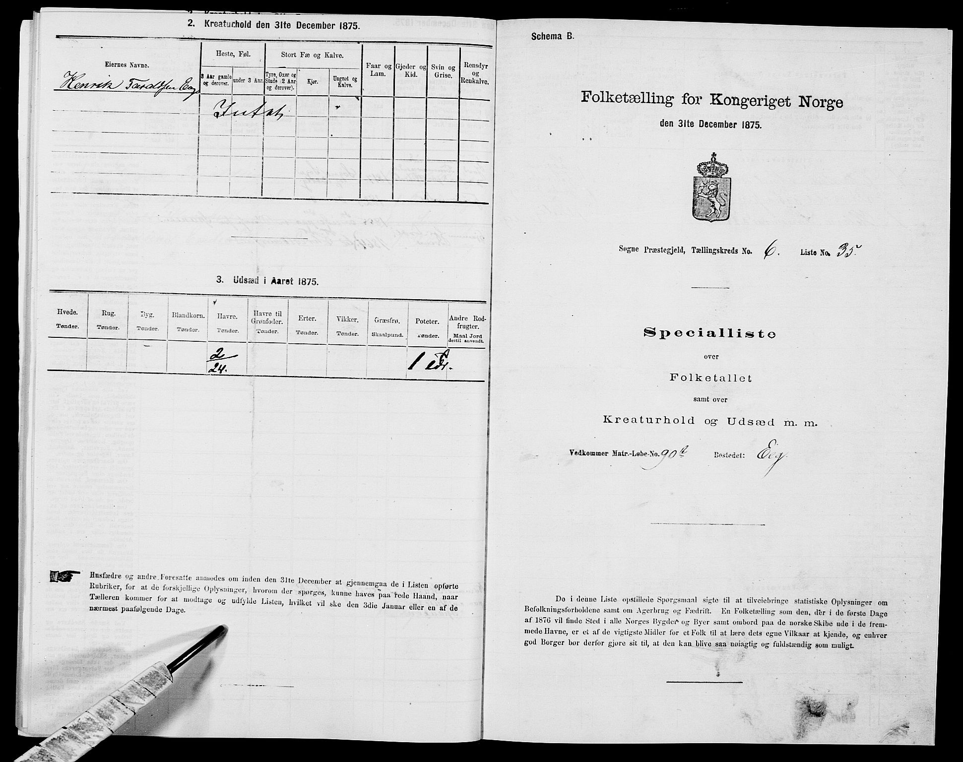 SAK, 1875 census for 1018P Søgne, 1875, p. 544