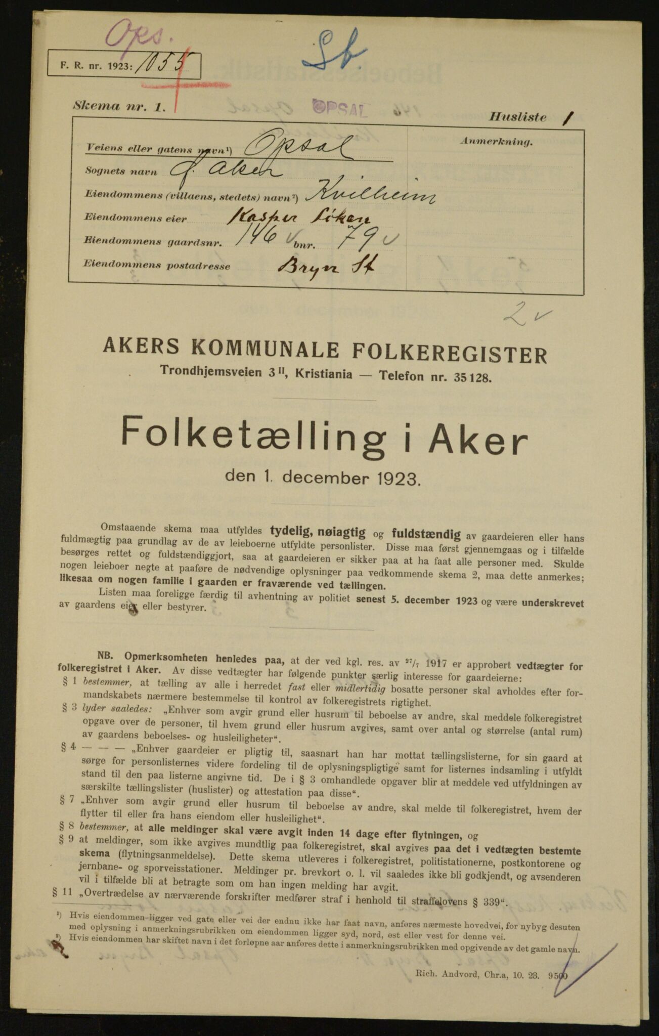 , Municipal Census 1923 for Aker, 1923, p. 29243