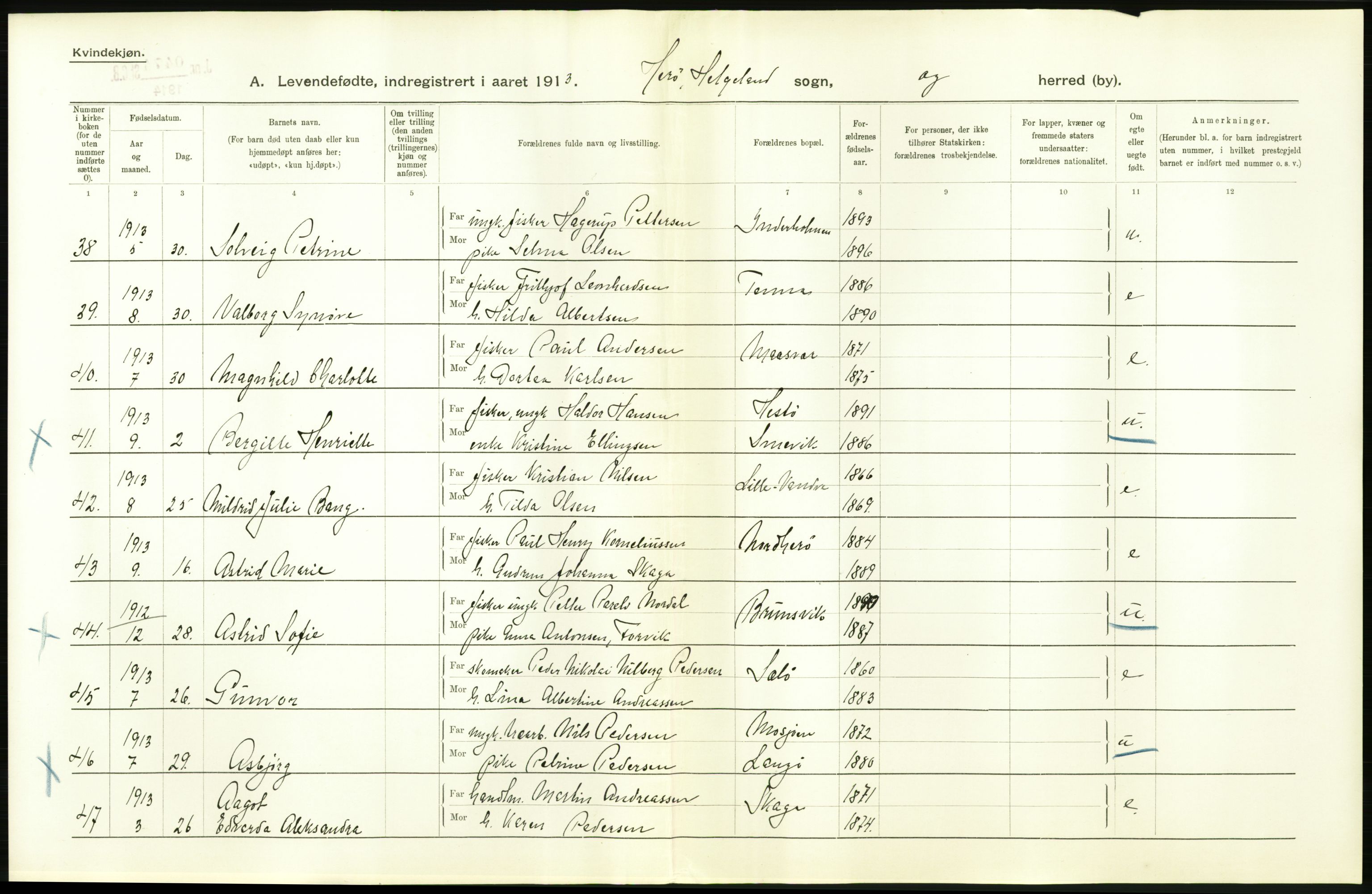 Statistisk sentralbyrå, Sosiodemografiske emner, Befolkning, AV/RA-S-2228/D/Df/Dfb/Dfbc/L0043: Nordlands amt: Levendefødte menn og kvinner. Bygder., 1913