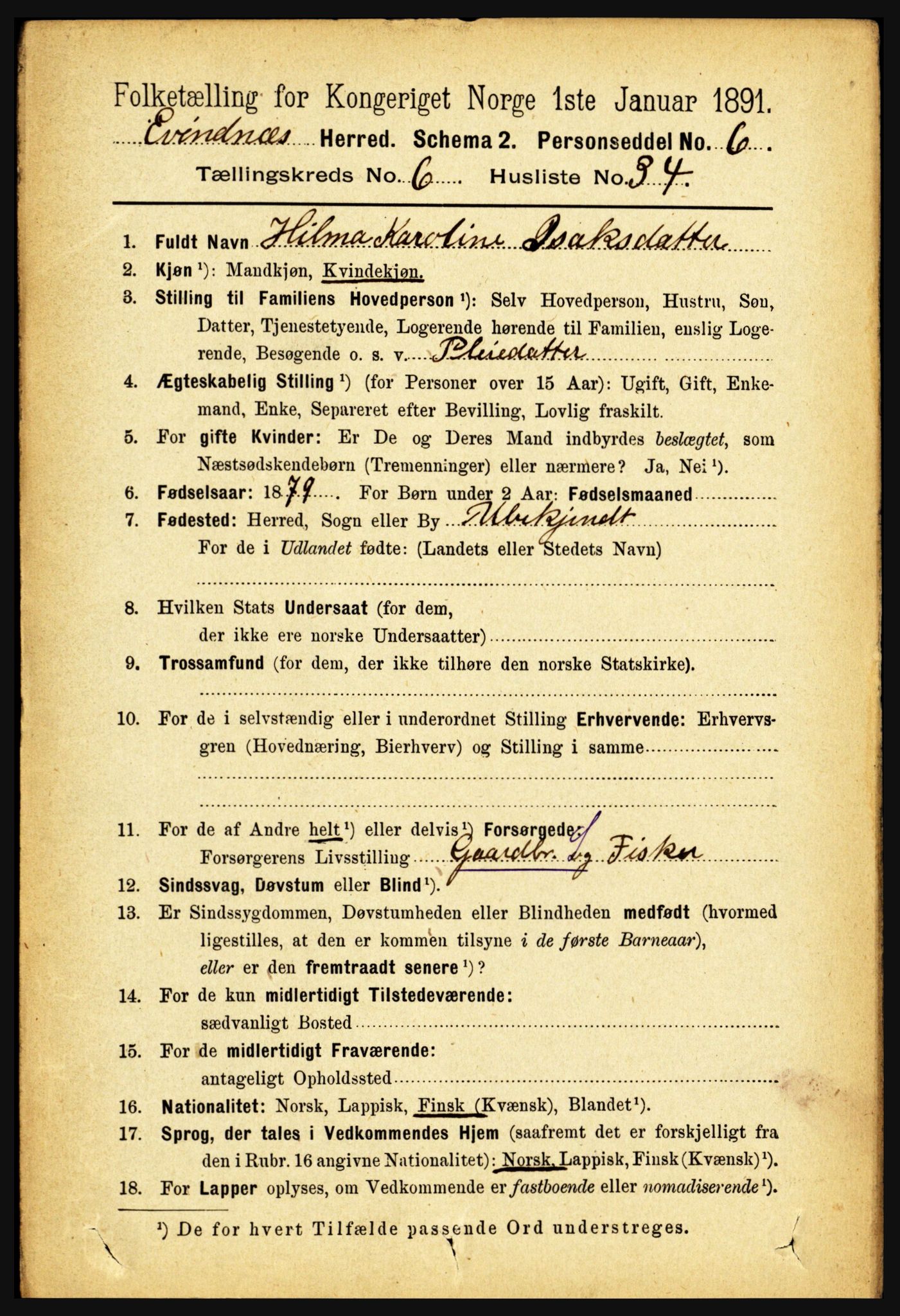 RA, 1891 census for 1853 Evenes, 1891, p. 2116