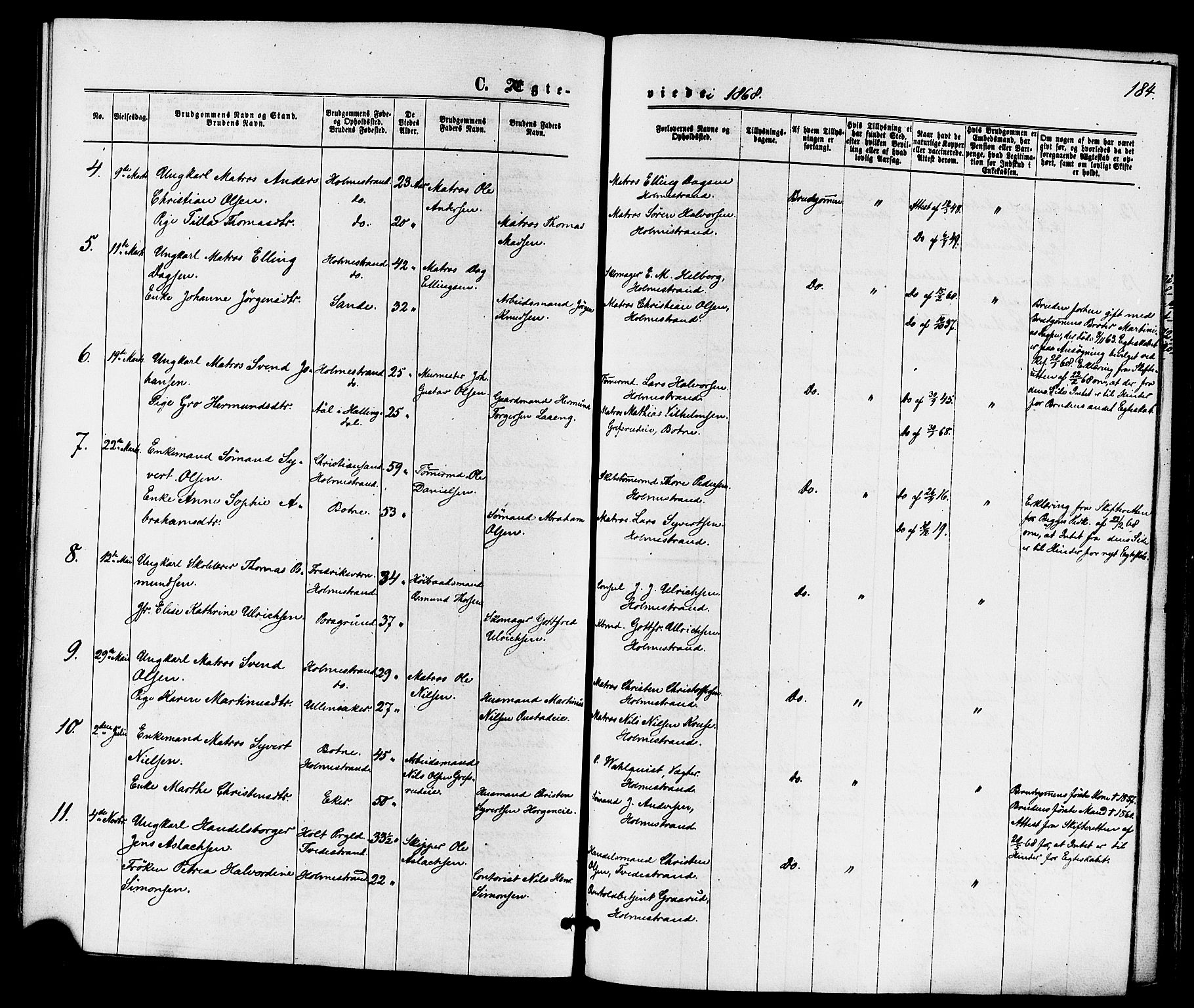 Holmestrand kirkebøker, AV/SAKO-A-346/F/Fa/L0003: Parish register (official) no. 3, 1867-1879, p. 184