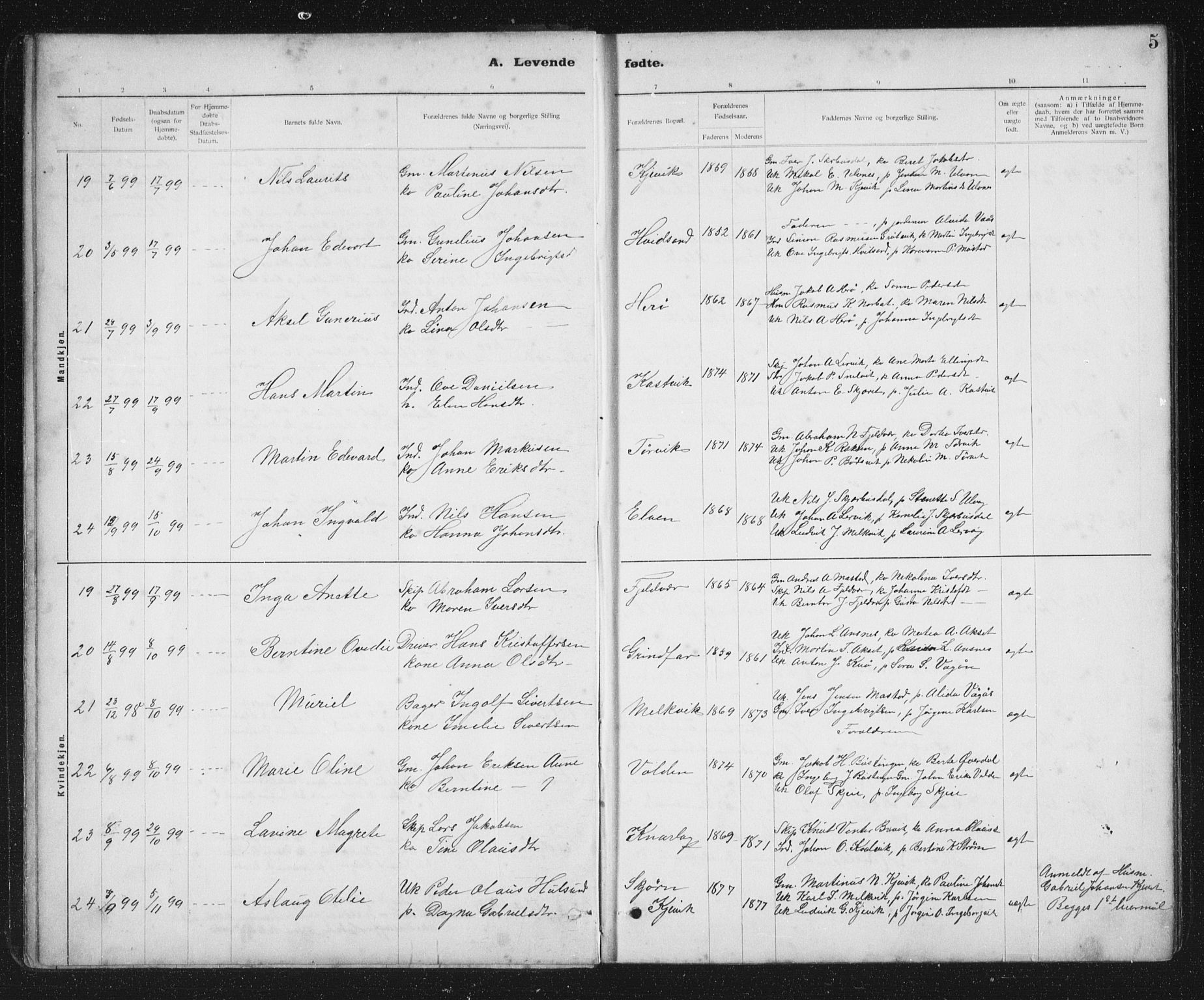 Ministerialprotokoller, klokkerbøker og fødselsregistre - Sør-Trøndelag, SAT/A-1456/637/L0563: Parish register (copy) no. 637C04, 1899-1940, p. 5