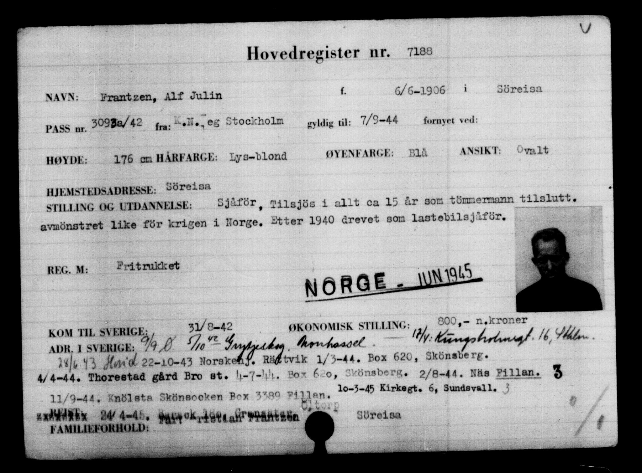 Utenriksstasjonene, Legasjonen i Stockholm, Flyktningkontoret, AV/RA-S-6753/V/Va/L0005: Kjesäterkartoteket, flyktninger med registreringsnr. 6600-9417, 1940-1945, p. 704