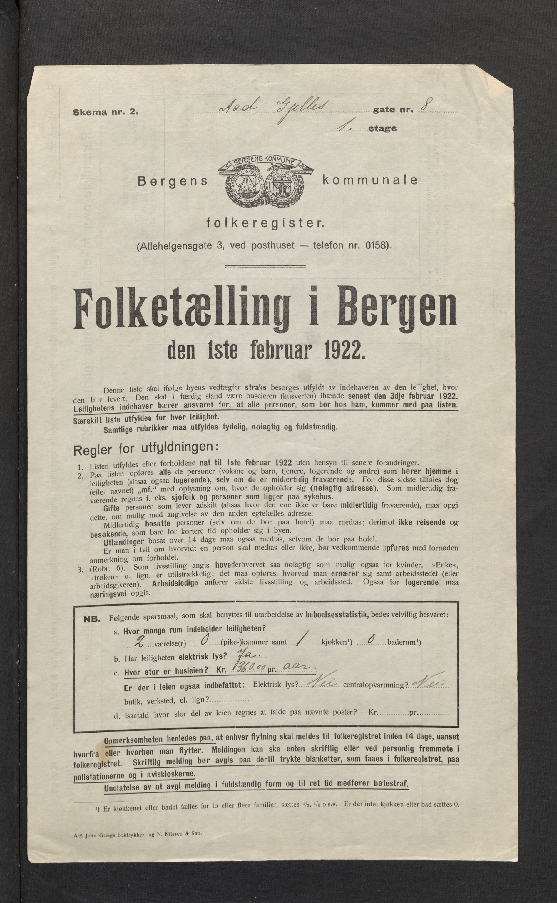 SAB, Municipal Census 1922 for Bergen, 1922, p. 3