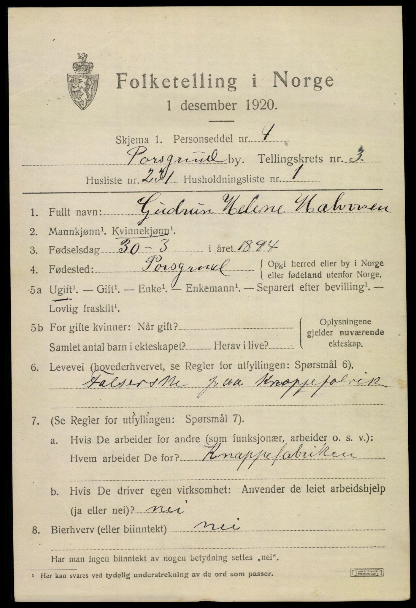 SAKO, 1920 census for Porsgrunn, 1920, p. 17355