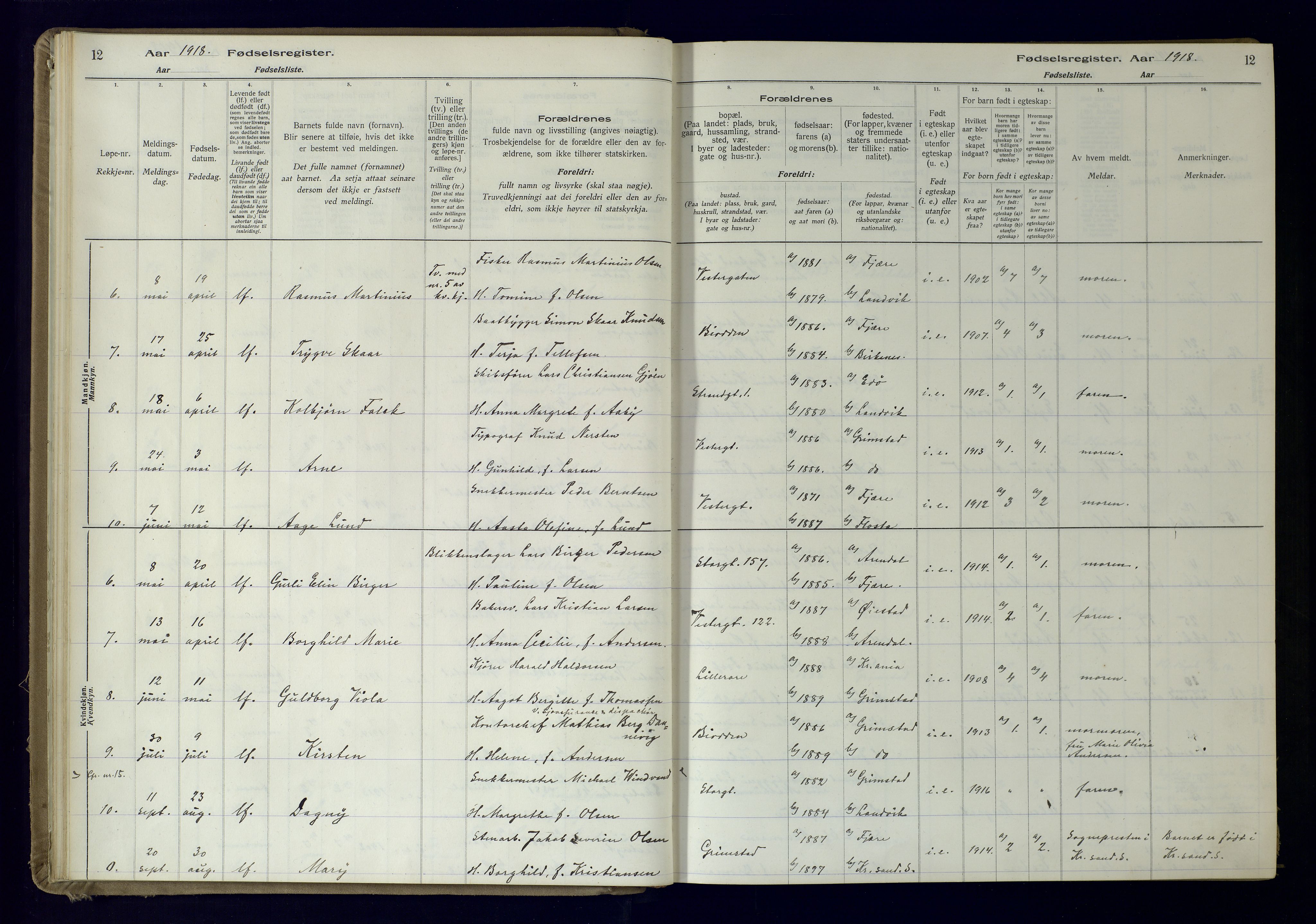 Grimstad sokneprestkontor, AV/SAK-1111-0017/J/Ja/L0001: Birth register no. 1, 1916-1960, p. 12