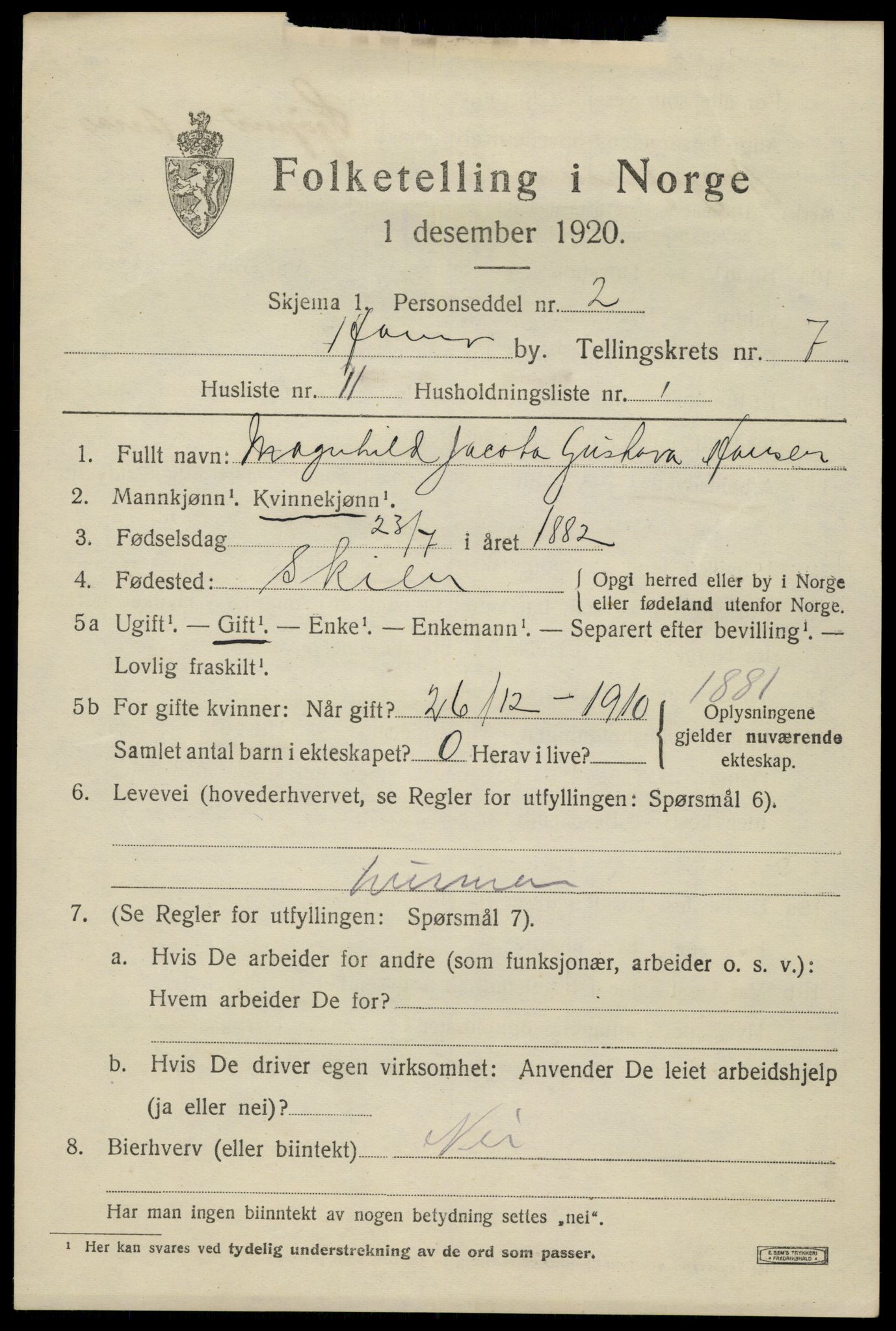 SAH, 1920 census for Hamar, 1920, p. 12991