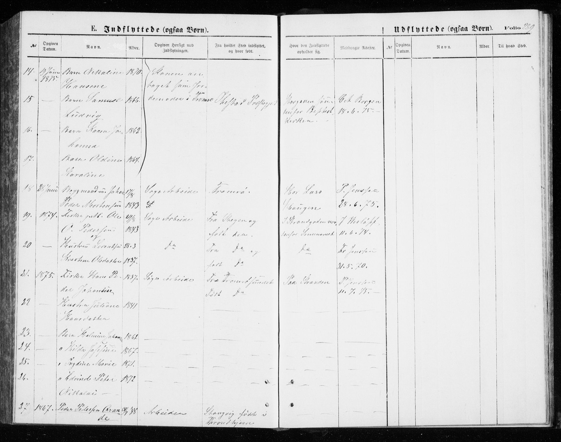 Tromsø sokneprestkontor/stiftsprosti/domprosti, SATØ/S-1343/G/Gb/L0008klokker: Parish register (copy) no. 8, 1875-1879, p. 289