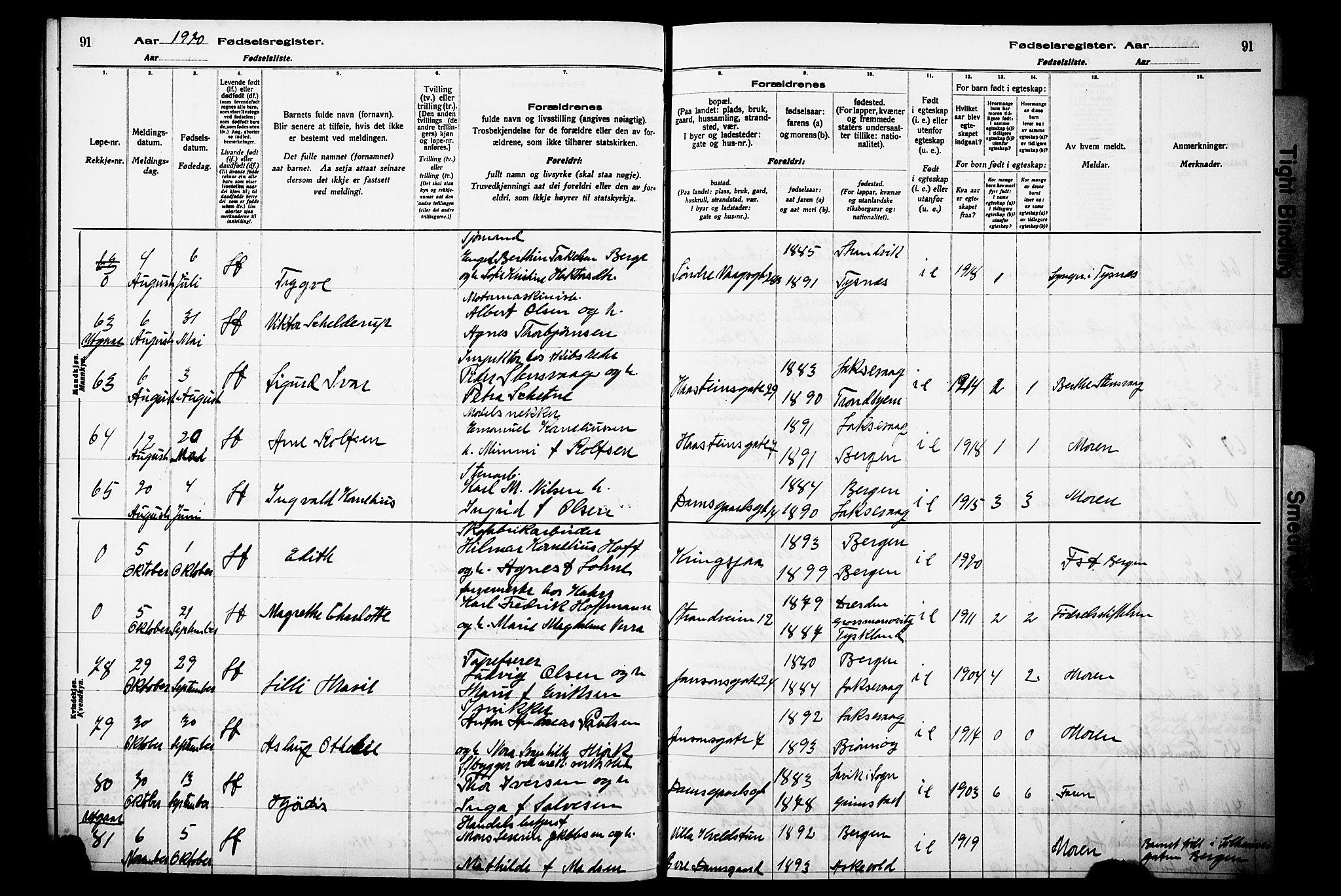 Laksevåg Sokneprestembete, AV/SAB-A-76501/I/Id/L00A1: Birth register no. A 1, 1916-1926, p. 91