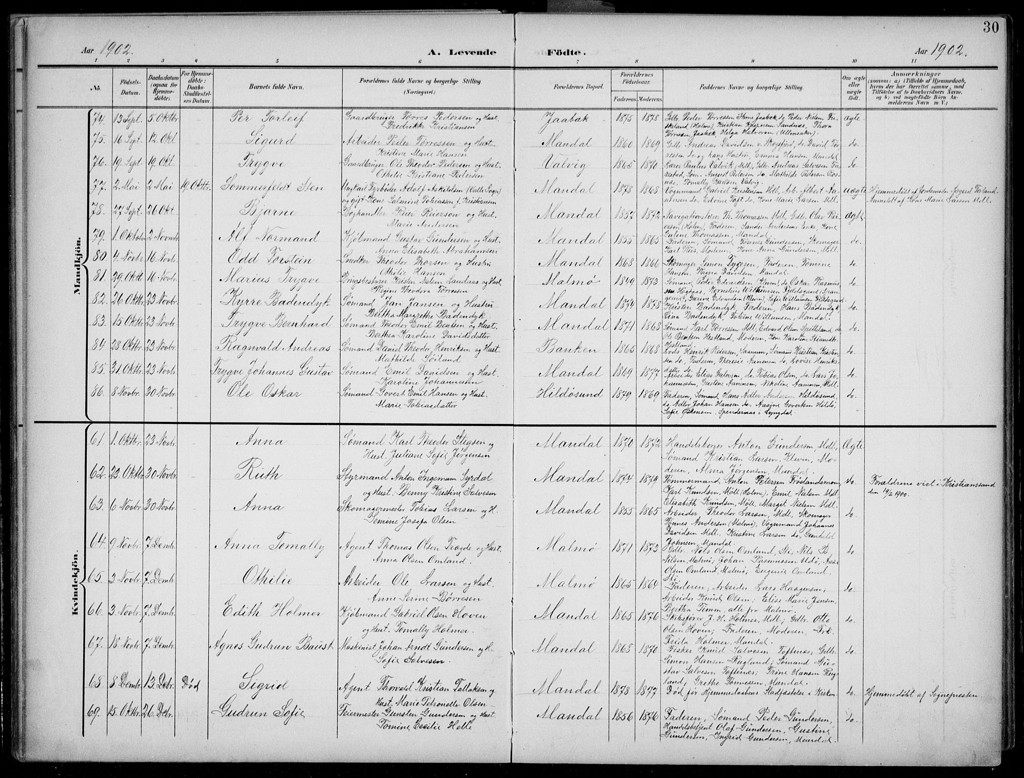 Mandal sokneprestkontor, AV/SAK-1111-0030/F/Fb/Fba/L0012: Parish register (copy) no. B 6, 1899-1918, p. 30