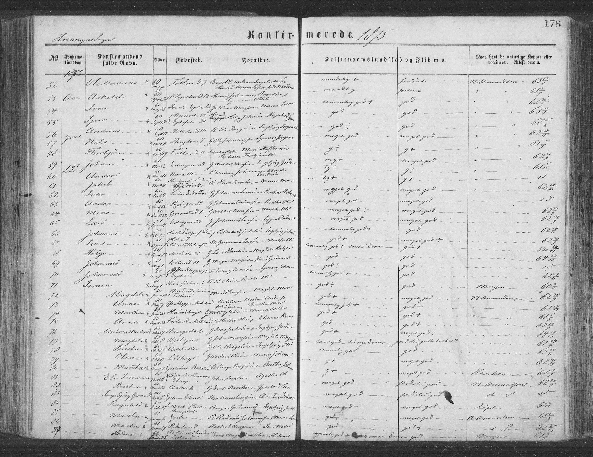 Hosanger sokneprestembete, SAB/A-75801/H/Haa: Parish register (official) no. A 9, 1864-1876, p. 176