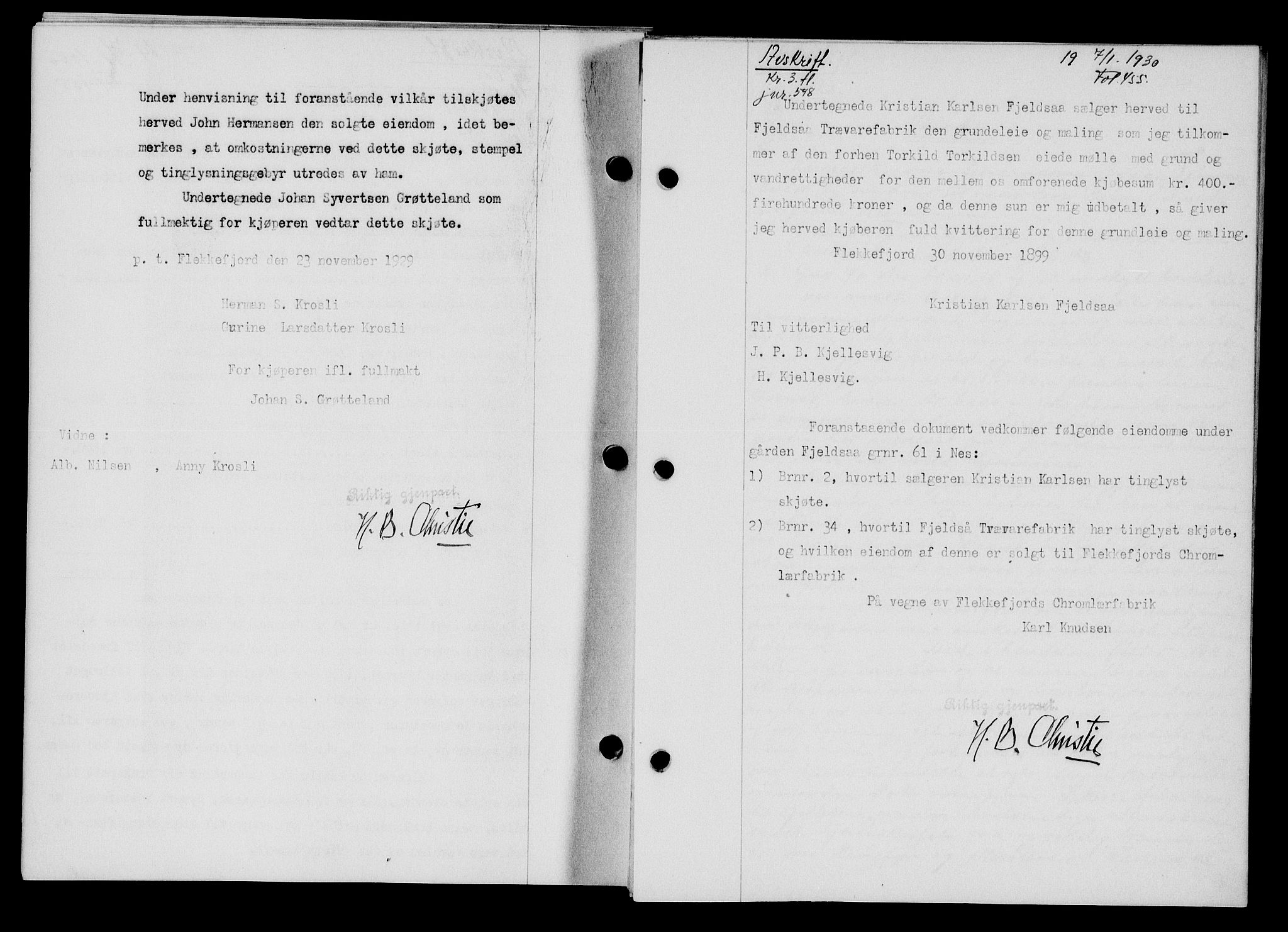 Flekkefjord sorenskriveri, SAK/1221-0001/G/Gb/Gba/L0045: Mortgage book no. 43, 1929-1930, Deed date: 07.01.1930