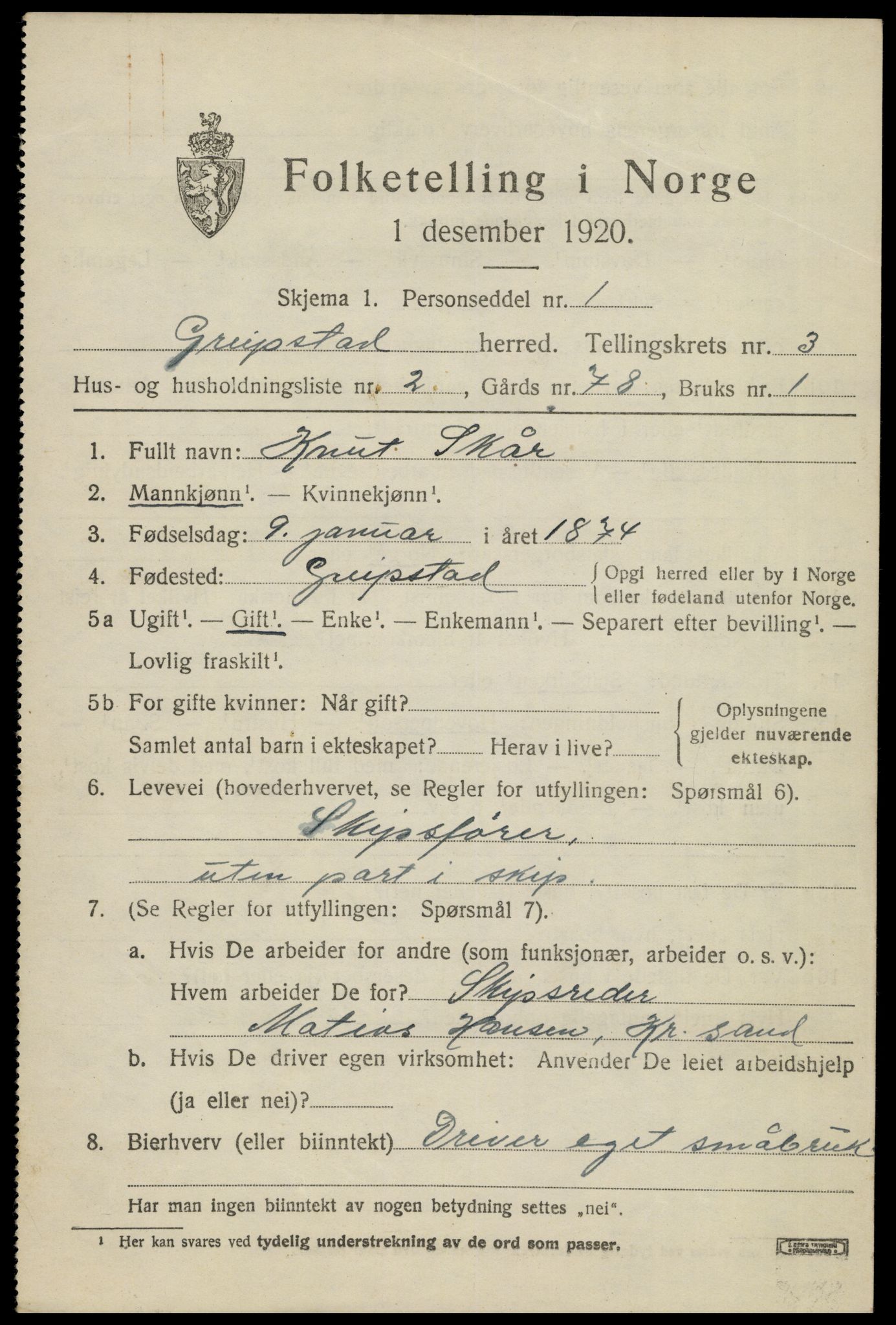 SAK, 1920 census for Greipstad, 1920, p. 1222