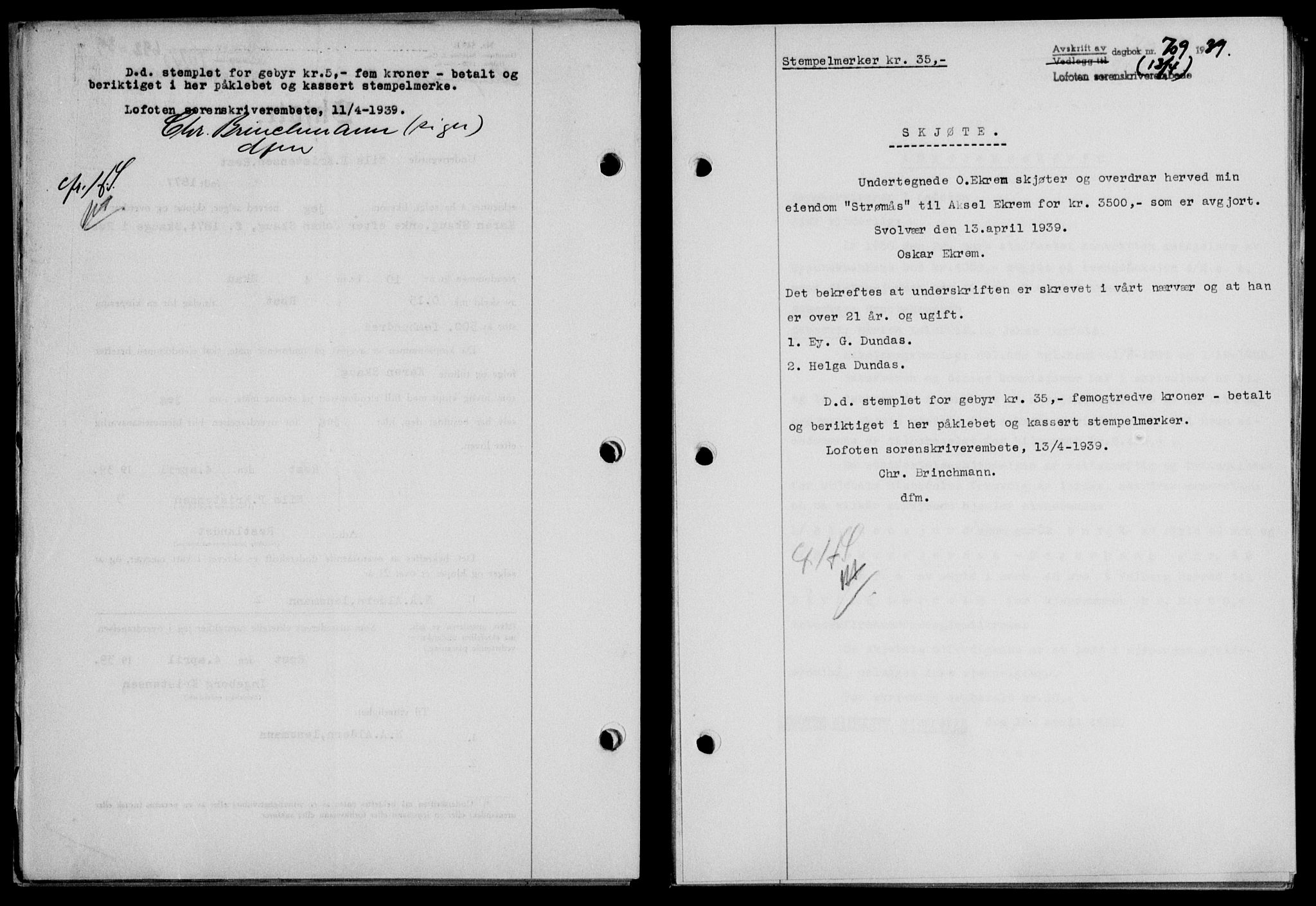 Lofoten sorenskriveri, SAT/A-0017/1/2/2C/L0005a: Mortgage book no. 5a, 1939-1939, Diary no: : 709/1939