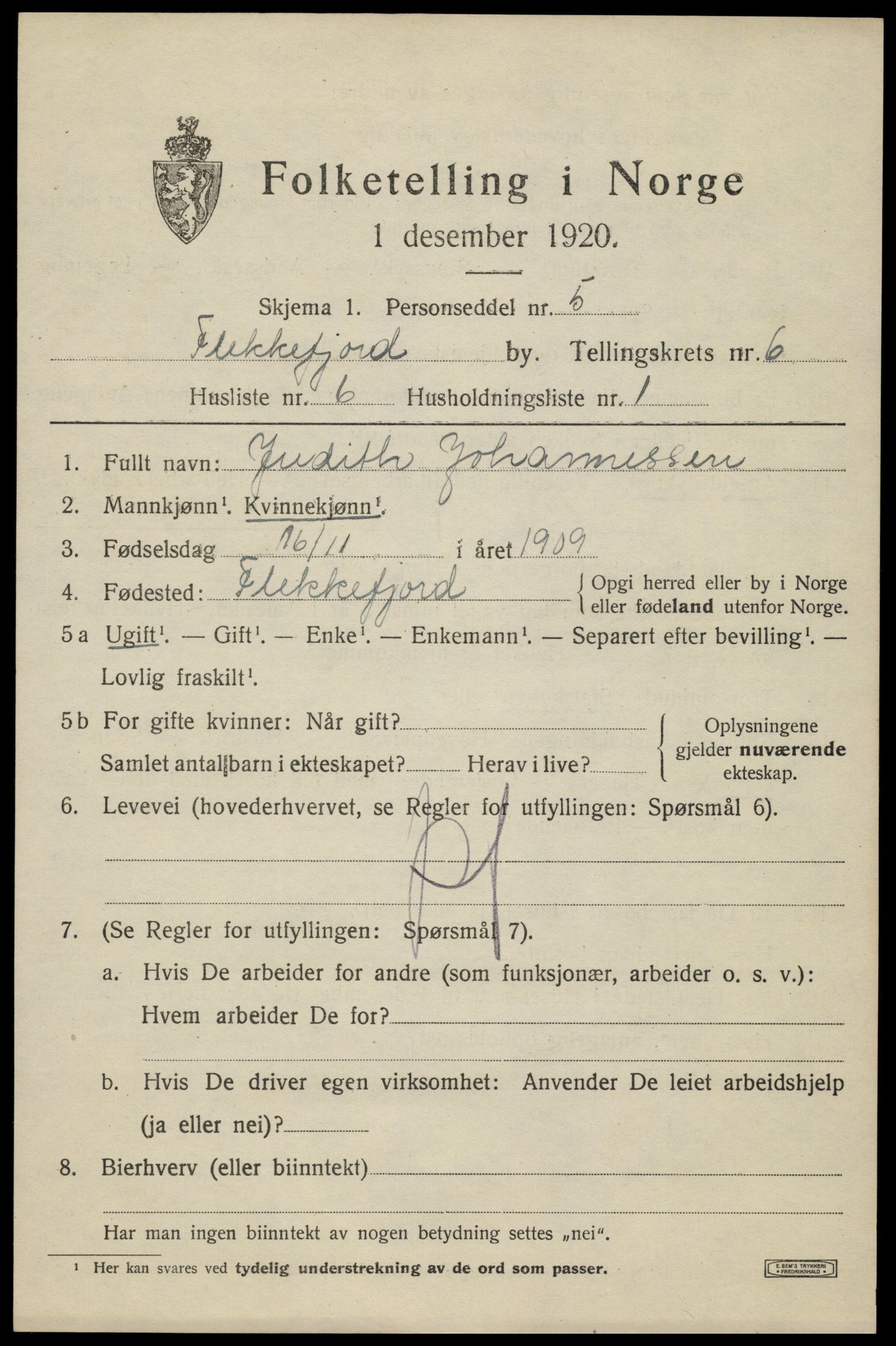SAK, 1920 census for Flekkefjord, 1920, p. 5820
