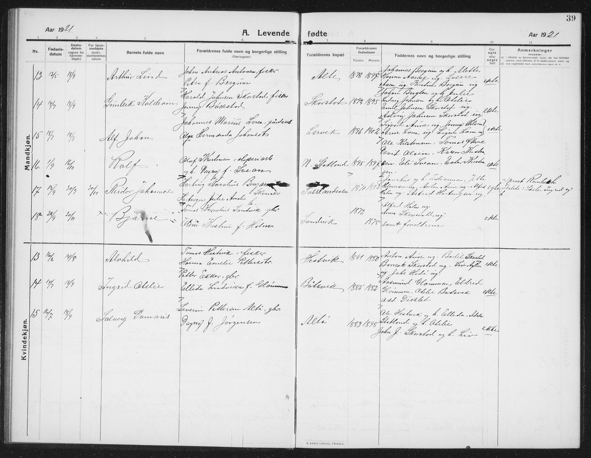 Ministerialprotokoller, klokkerbøker og fødselsregistre - Nord-Trøndelag, SAT/A-1458/774/L0630: Parish register (copy) no. 774C01, 1910-1934, p. 39