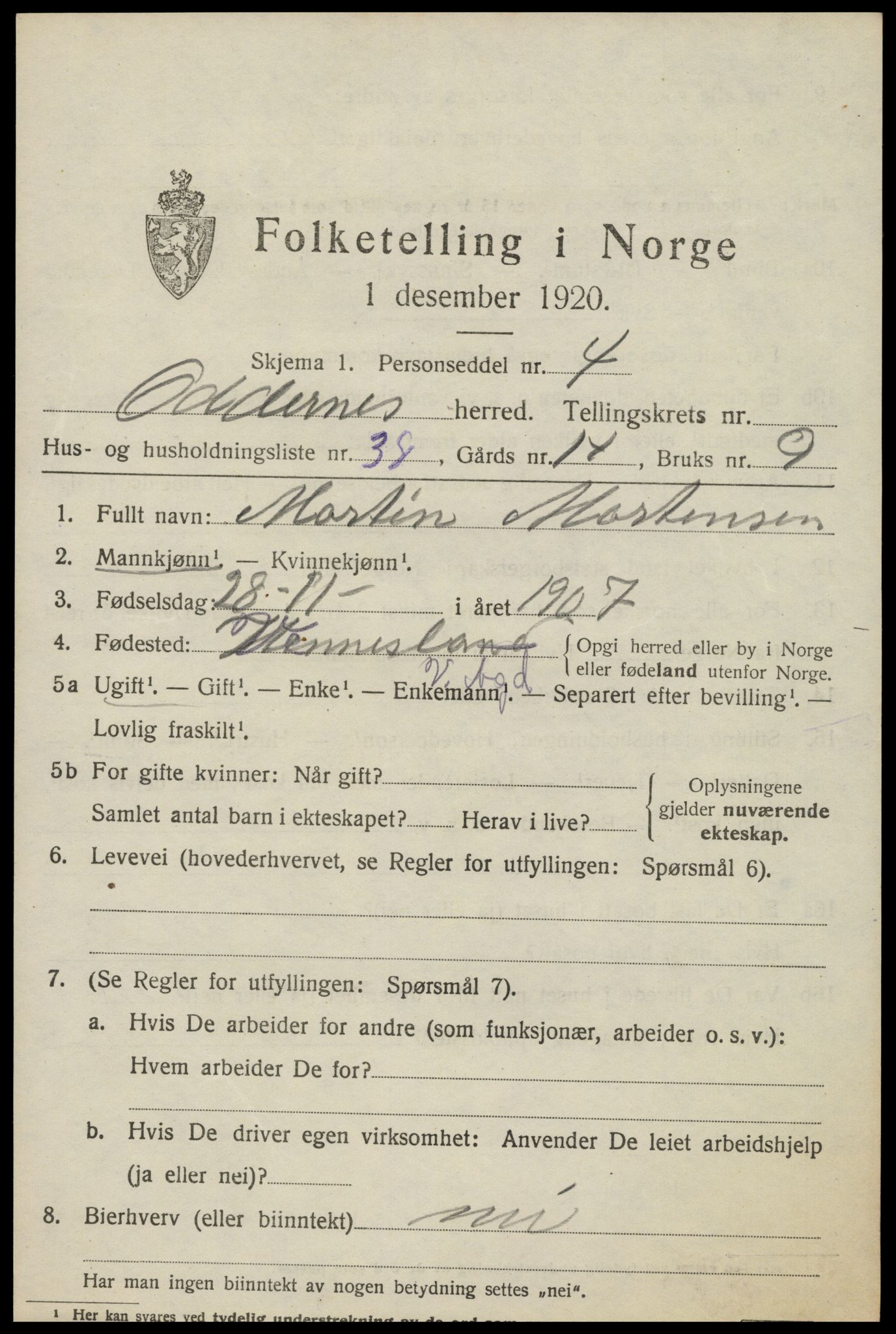 SAK, 1920 census for Oddernes, 1920, p. 5377