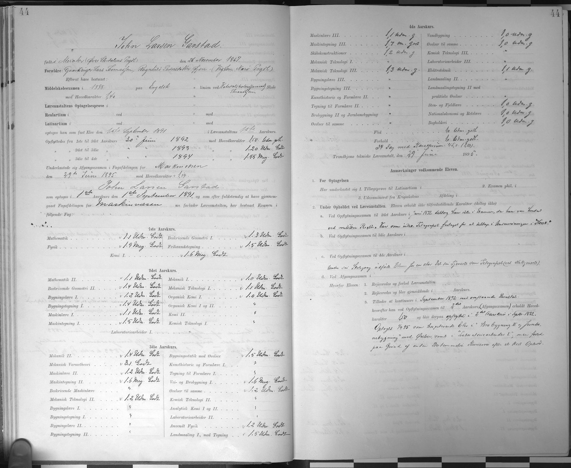 Trondhjems tekniske læreanstalt, AV/SAT-A-1622/G/Ga/L0047: Karakterprotokoll, faste elever, 1890-1899