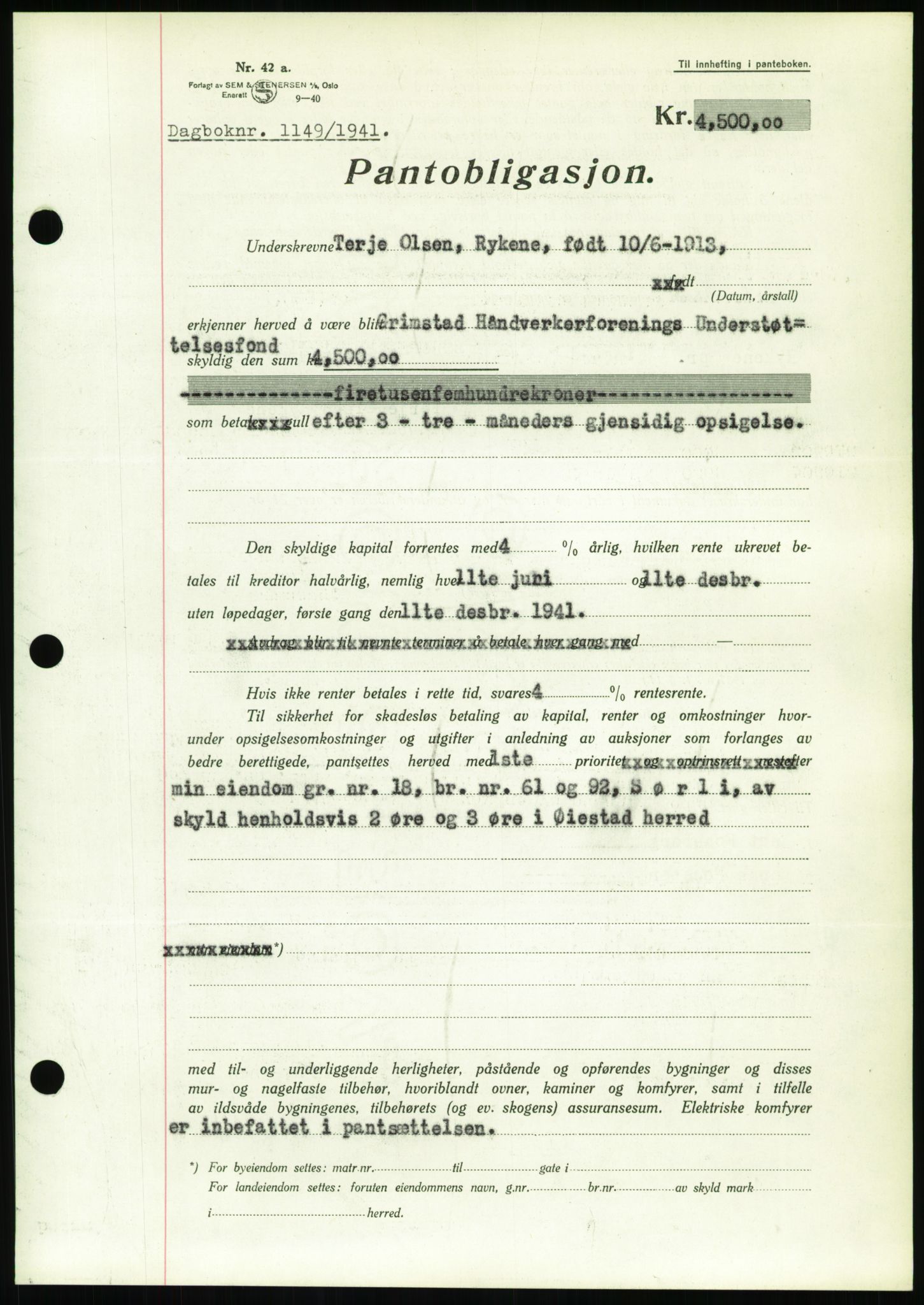 Nedenes sorenskriveri, AV/SAK-1221-0006/G/Gb/Gbb/L0001: Mortgage book no. I, 1939-1942, Diary no: : 1149/1941