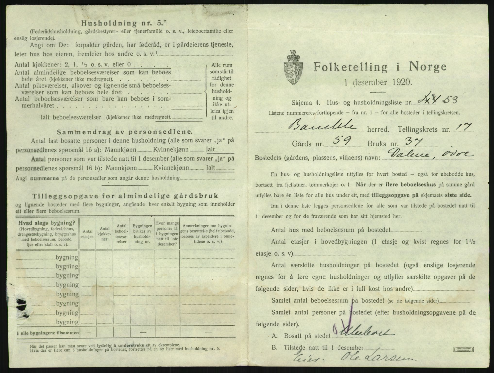 SAKO, 1920 census for Bamble, 1920, p. 2003