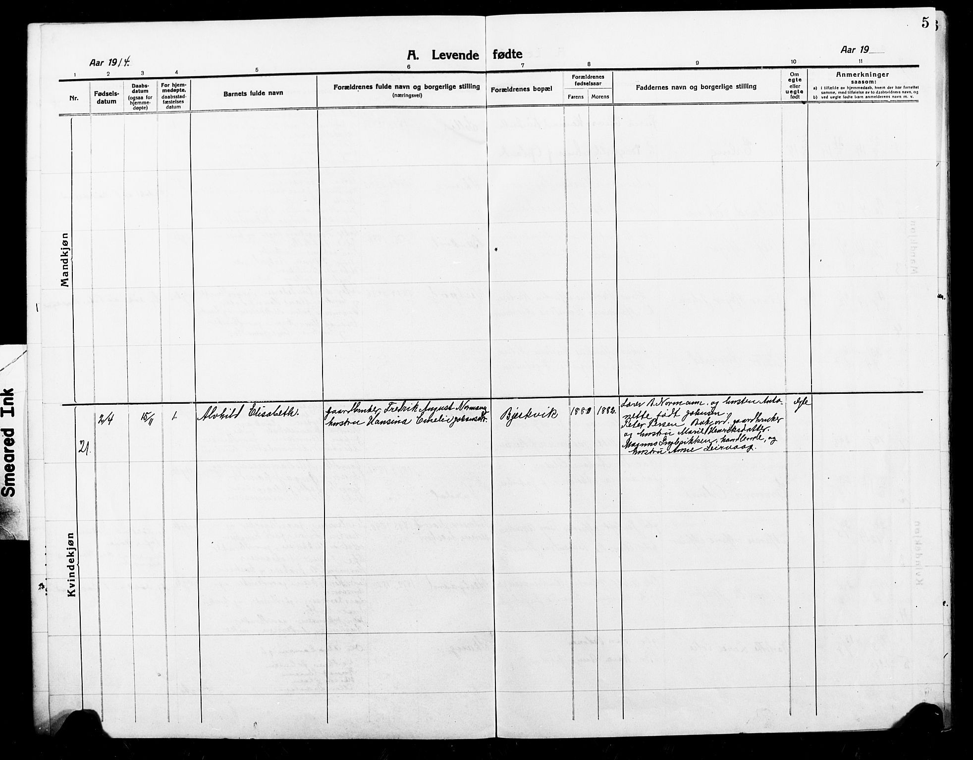 Ministerialprotokoller, klokkerbøker og fødselsregistre - Nordland, AV/SAT-A-1459/868/L0969: Parish register (copy) no. 868C01, 1914-1925, p. 5