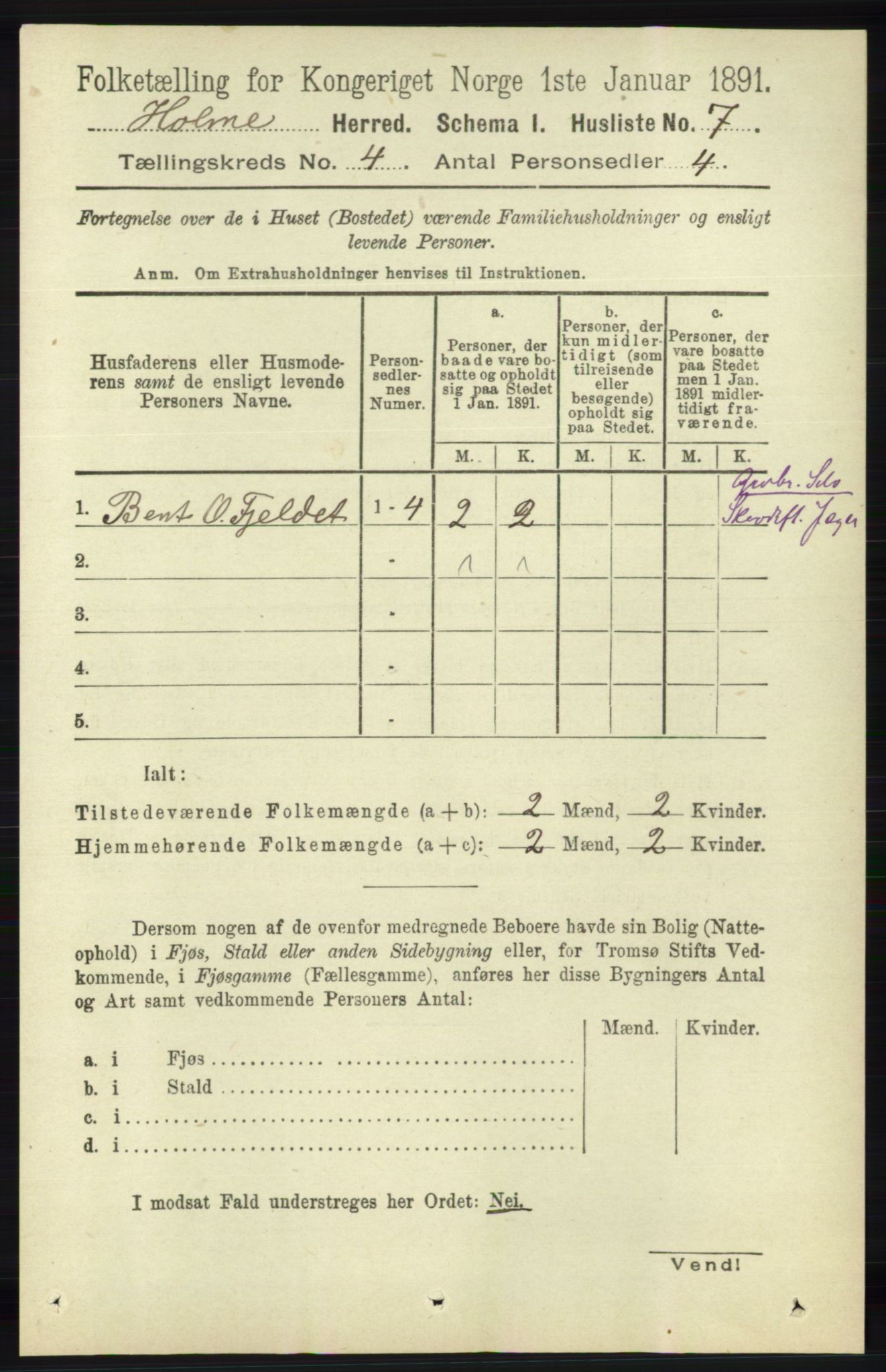 RA, 1891 census for 1020 Holum, 1891, p. 1007