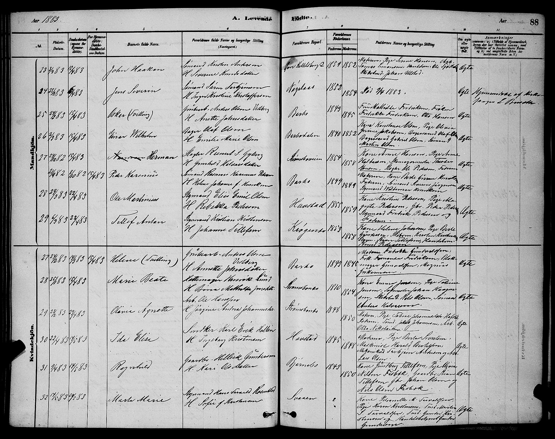 Barbu sokneprestkontor, AV/SAK-1111-0003/F/Fb/L0001: Parish register (copy) no. B 1, 1878-1890, p. 88