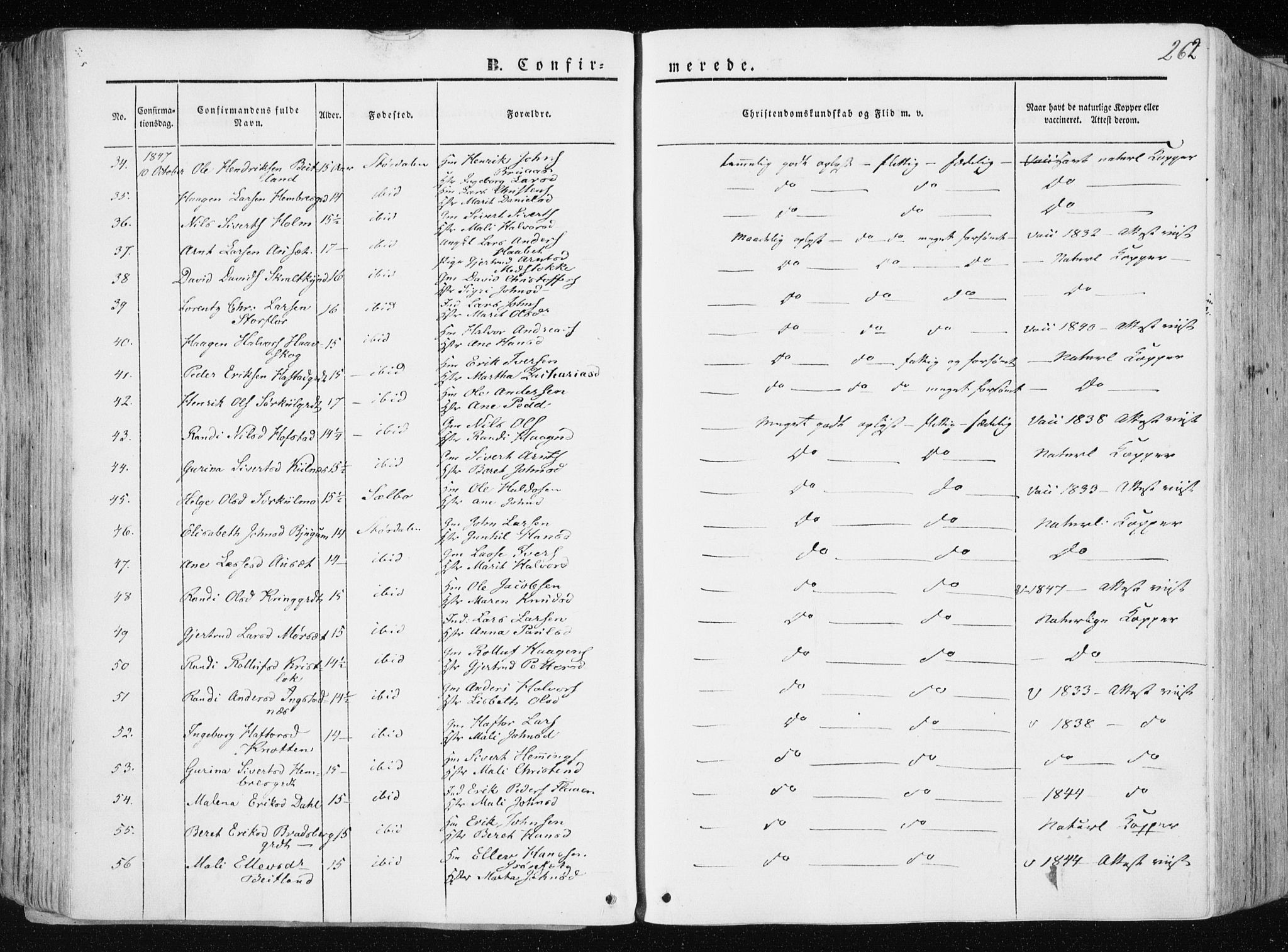 Ministerialprotokoller, klokkerbøker og fødselsregistre - Nord-Trøndelag, AV/SAT-A-1458/709/L0074: Parish register (official) no. 709A14, 1845-1858, p. 262