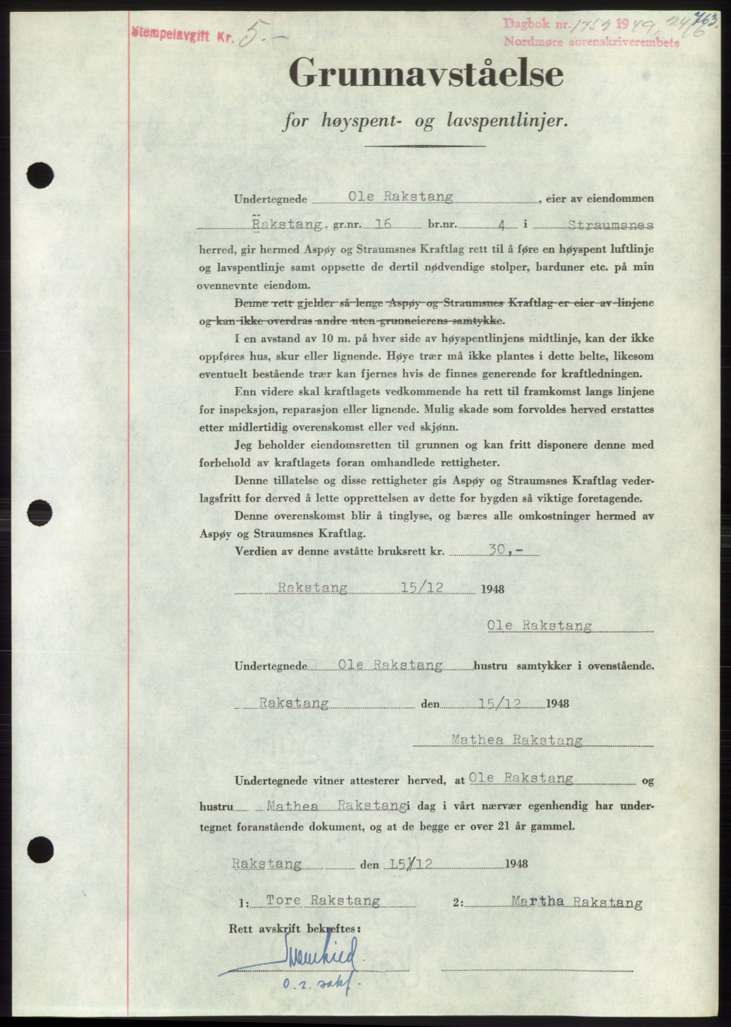 Nordmøre sorenskriveri, AV/SAT-A-4132/1/2/2Ca: Mortgage book no. B101, 1949-1949, Diary no: : 1752/1949