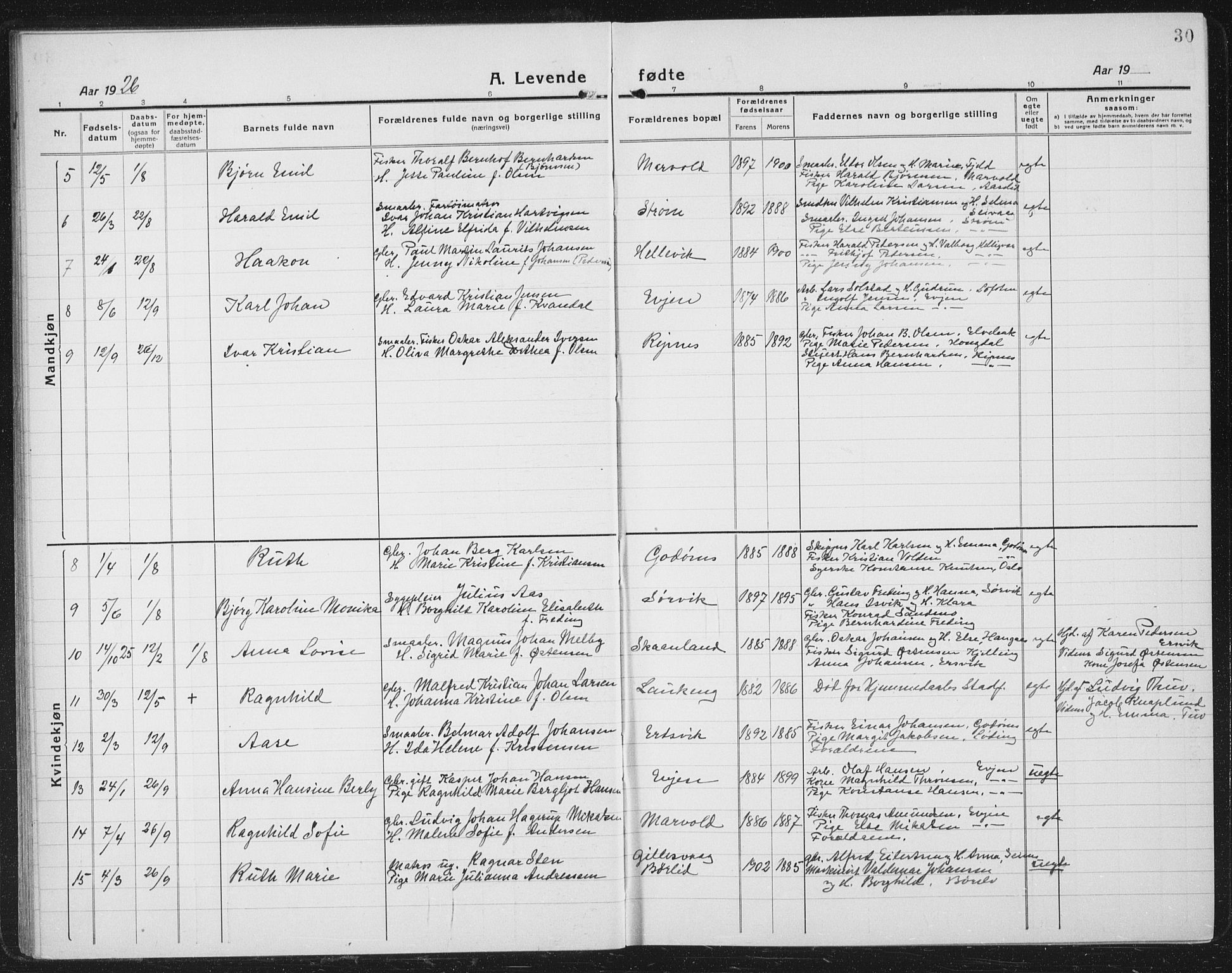 Ministerialprotokoller, klokkerbøker og fødselsregistre - Nordland, SAT/A-1459/804/L0089: Parish register (copy) no. 804C02, 1918-1935, p. 30