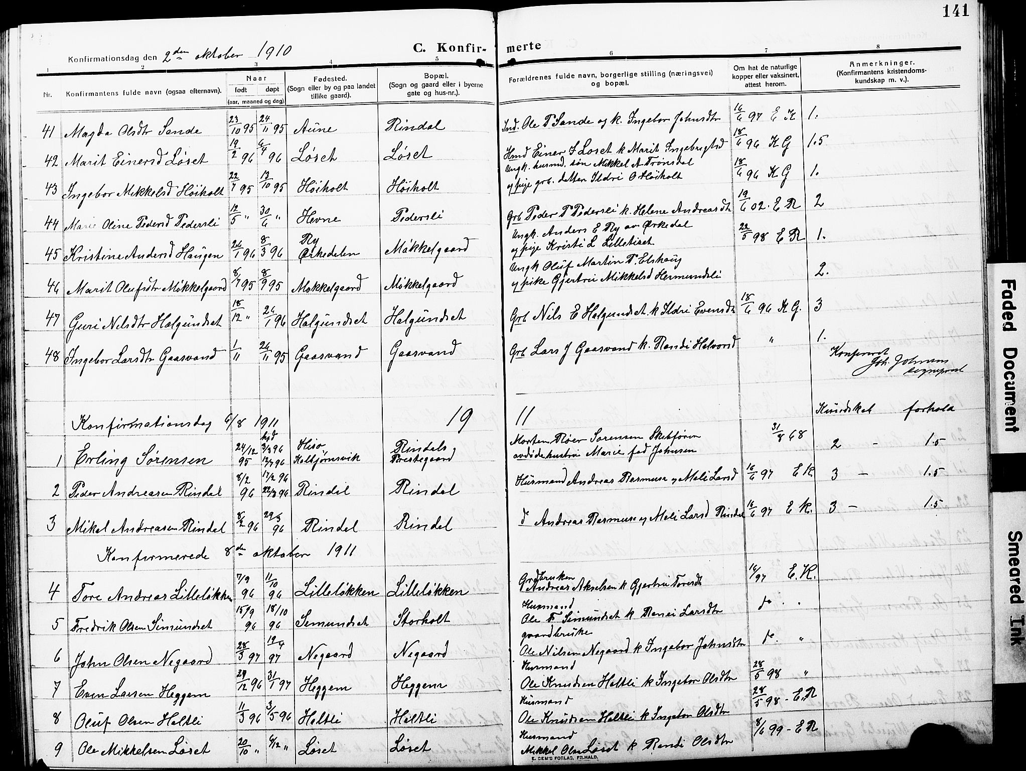 Ministerialprotokoller, klokkerbøker og fødselsregistre - Møre og Romsdal, AV/SAT-A-1454/598/L1079: Parish register (copy) no. 598C04, 1909-1927, p. 141