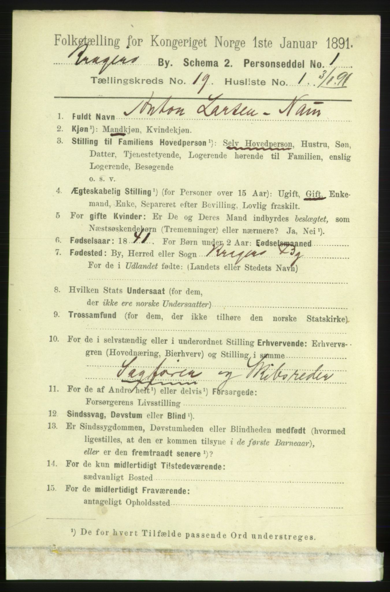 RA, 1891 census for 0801 Kragerø, 1891, p. 4521