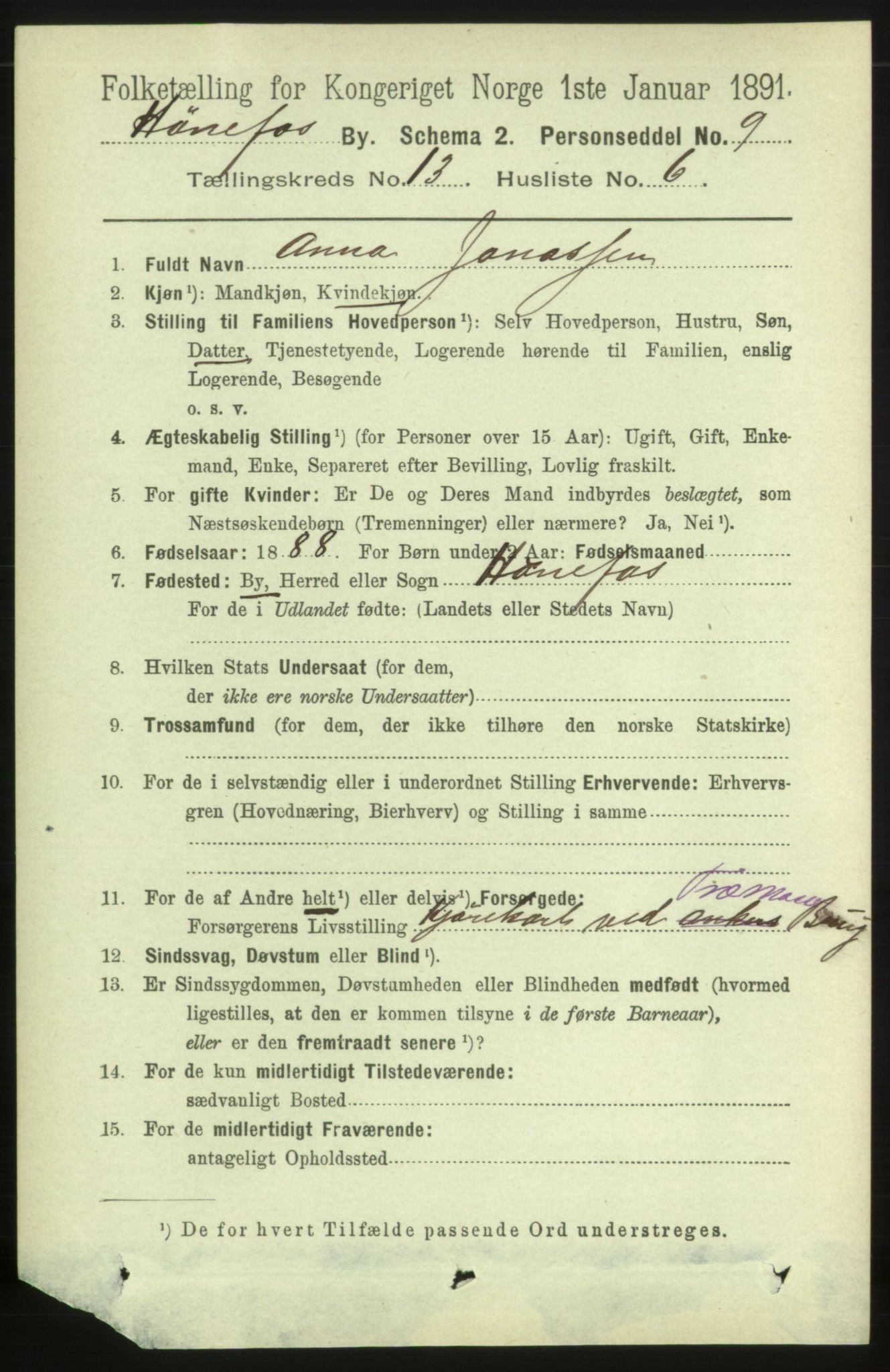 RA, 1891 census for 0601 Hønefoss, 1891, p. 1646