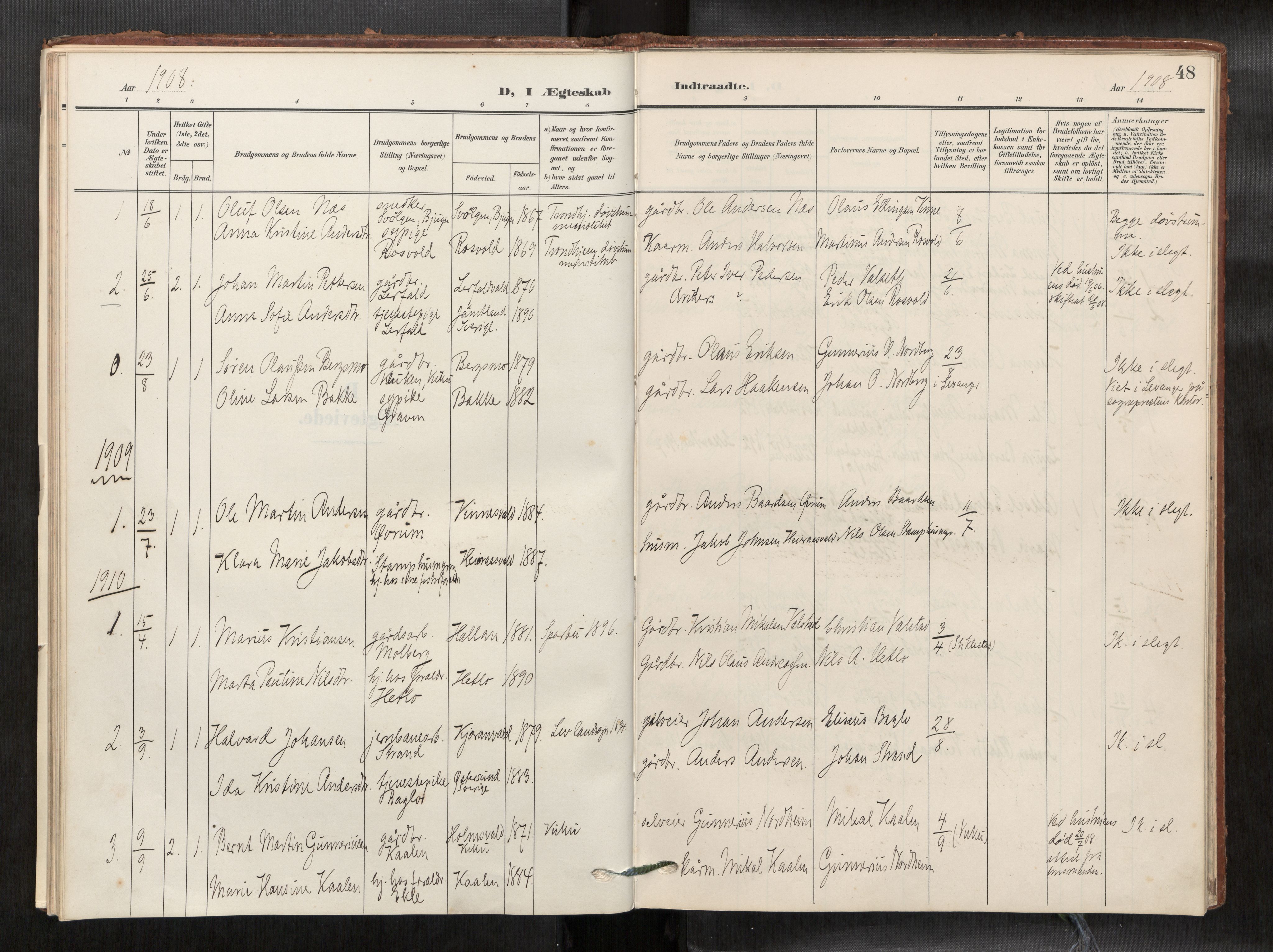 Verdal sokneprestkontor, SAT/A-1156/2/H/Haa/L0003: Parish register (official) no. 3, 1907-1921, p. 48
