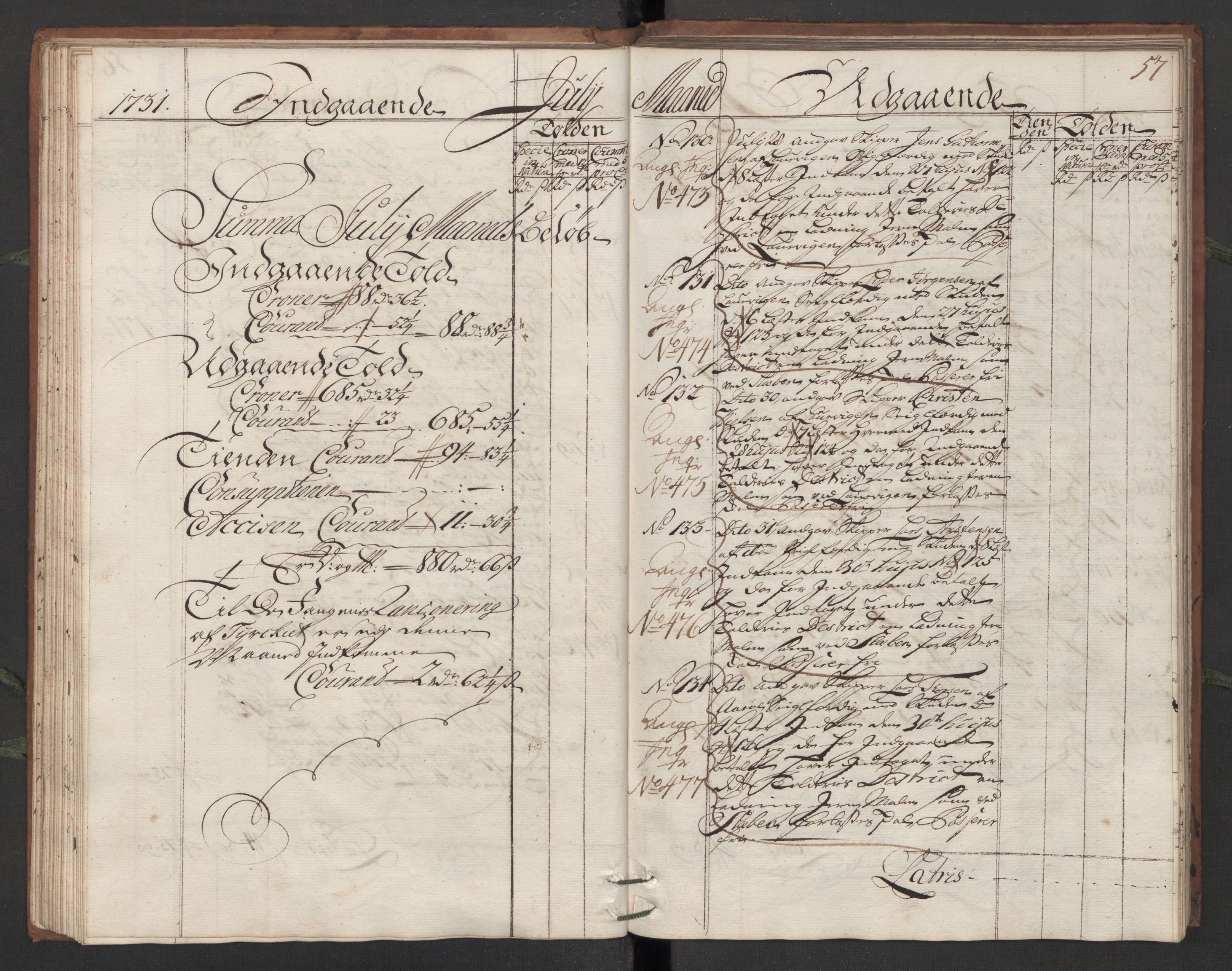 Generaltollkammeret, tollregnskaper, AV/RA-EA-5490/R13/L0006/0001: Tollregnskaper Kragerø / Hovedtollbok, 1731, p. 56b-57a