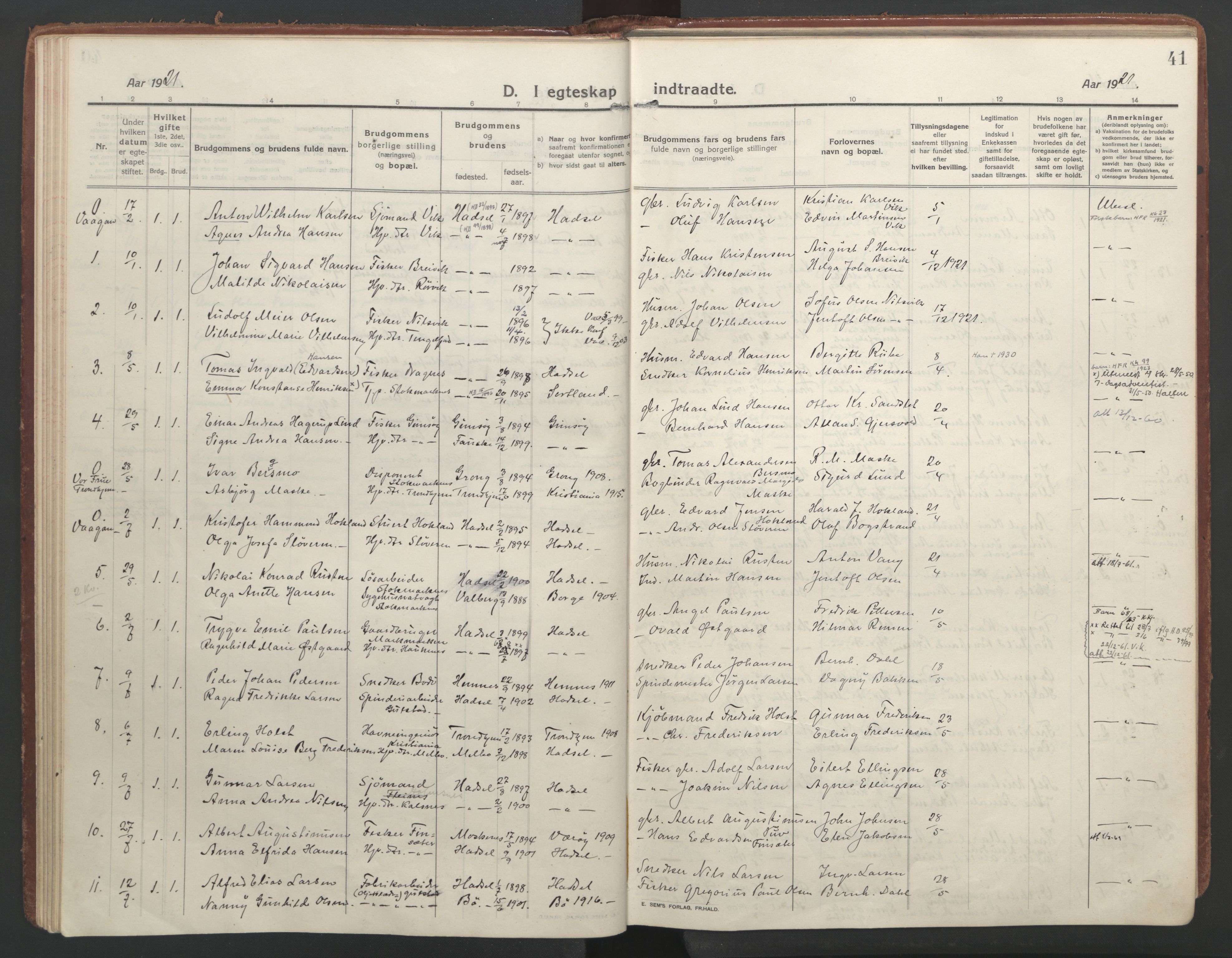 Ministerialprotokoller, klokkerbøker og fødselsregistre - Nordland, AV/SAT-A-1459/888/L1251: Parish register (official) no. 888A17, 1913-1925, p. 41