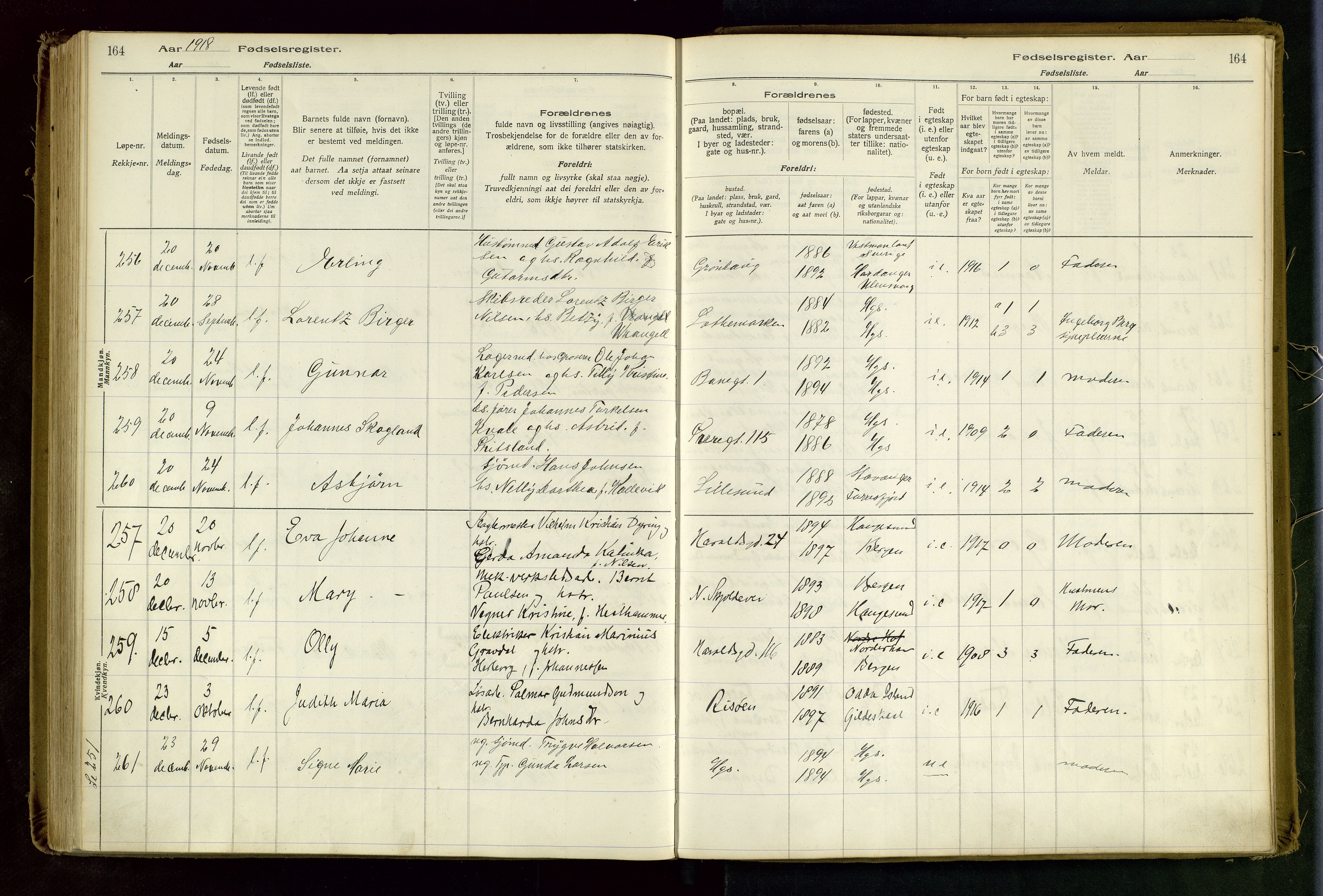 Haugesund sokneprestkontor, AV/SAST-A -101863/I/Id/L0003: Birth register no. 1, 1916-1919, p. 164