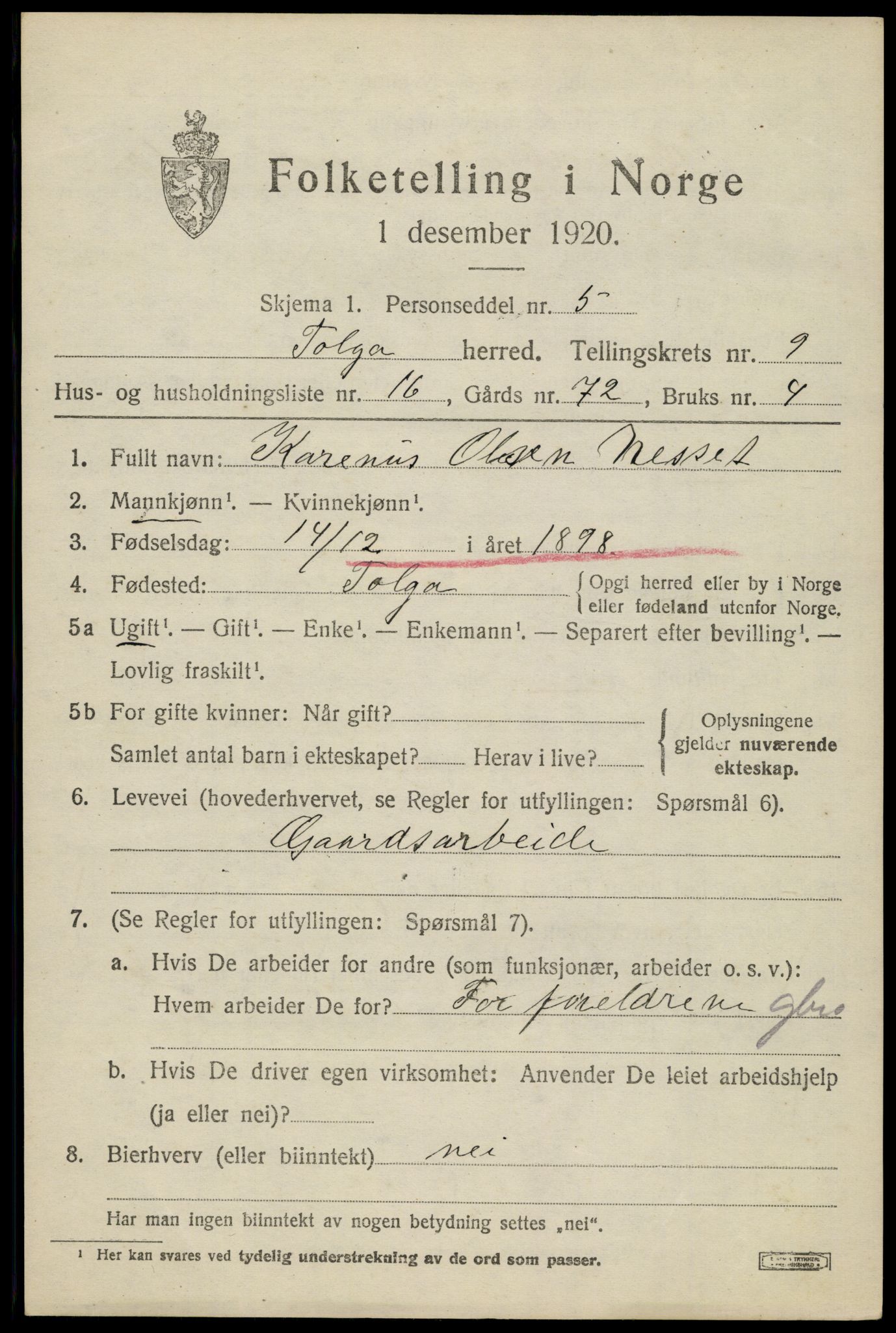 SAH, 1920 census for Tolga, 1920, p. 4905