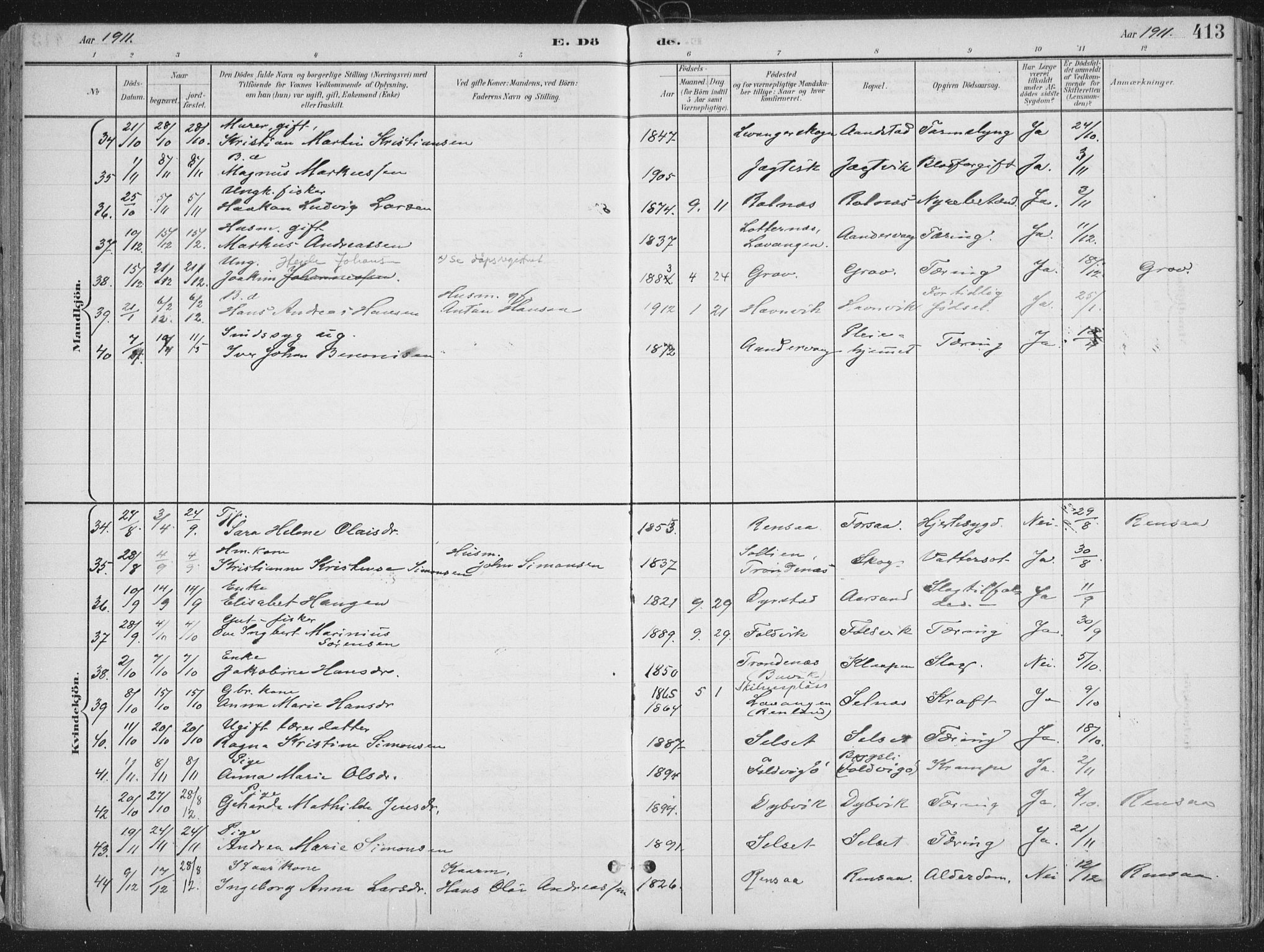 Ibestad sokneprestembete, AV/SATØ-S-0077/H/Ha/Haa/L0017kirke: Parish register (official) no. 17, 1901-1914, p. 413