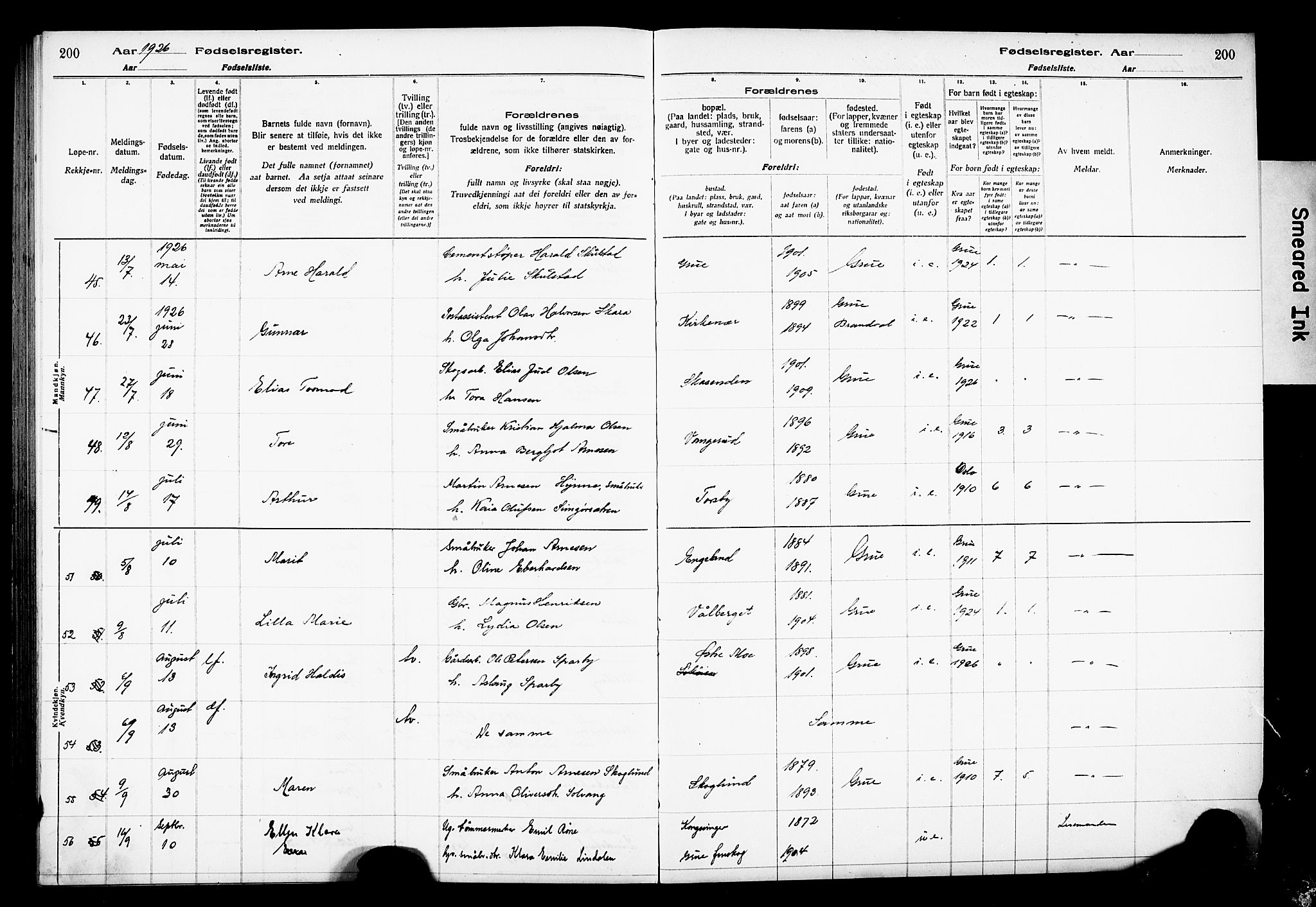 Grue prestekontor, AV/SAH-PREST-036/I/Id/Ida/L0001: Birth register no. I 1, 1916-1926, p. 200