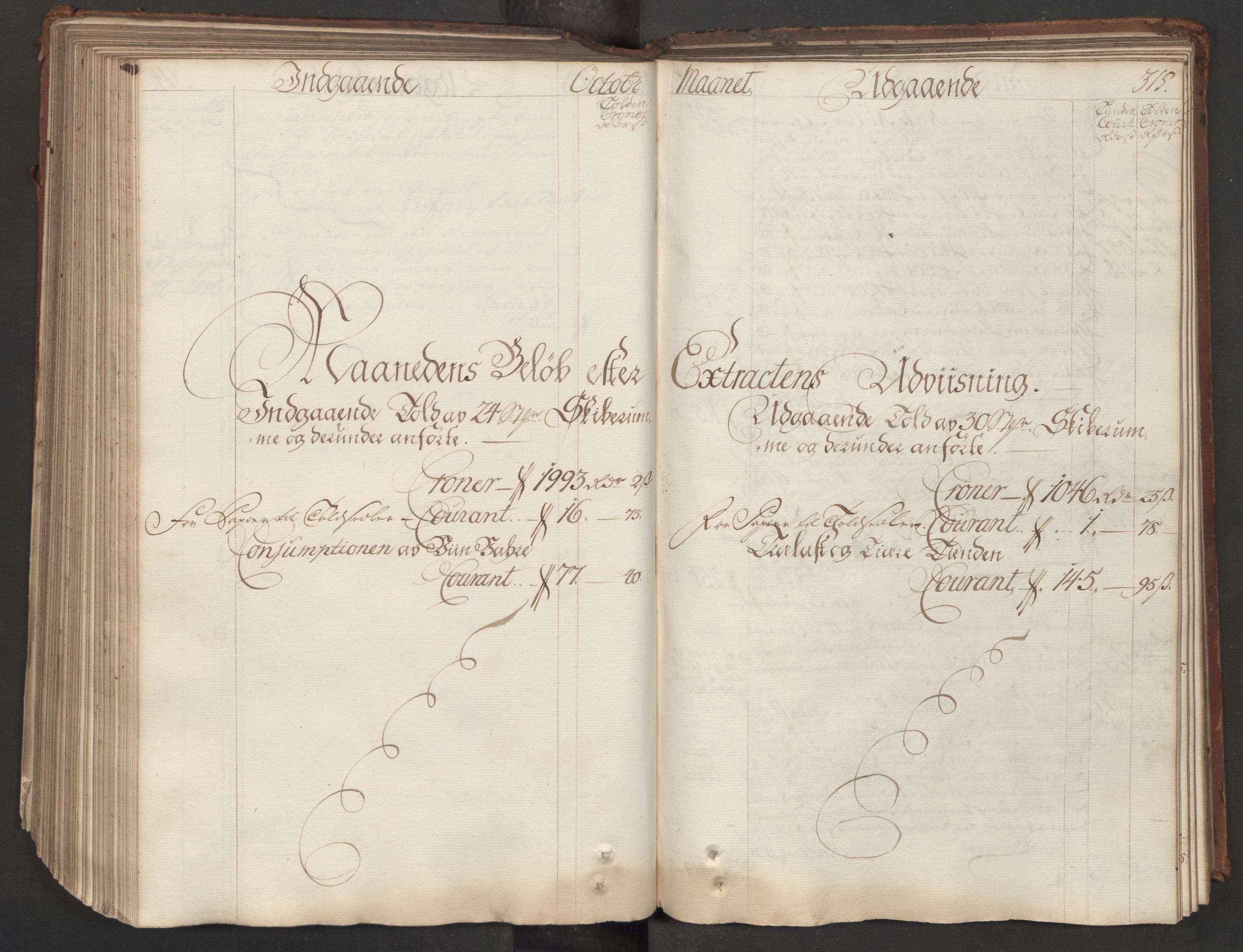 Generaltollkammeret, tollregnskaper, AV/RA-EA-5490/R06/L0015/0001: Tollregnskaper Kristiania / Hovedtollbok, 1733, p. 314b-315a