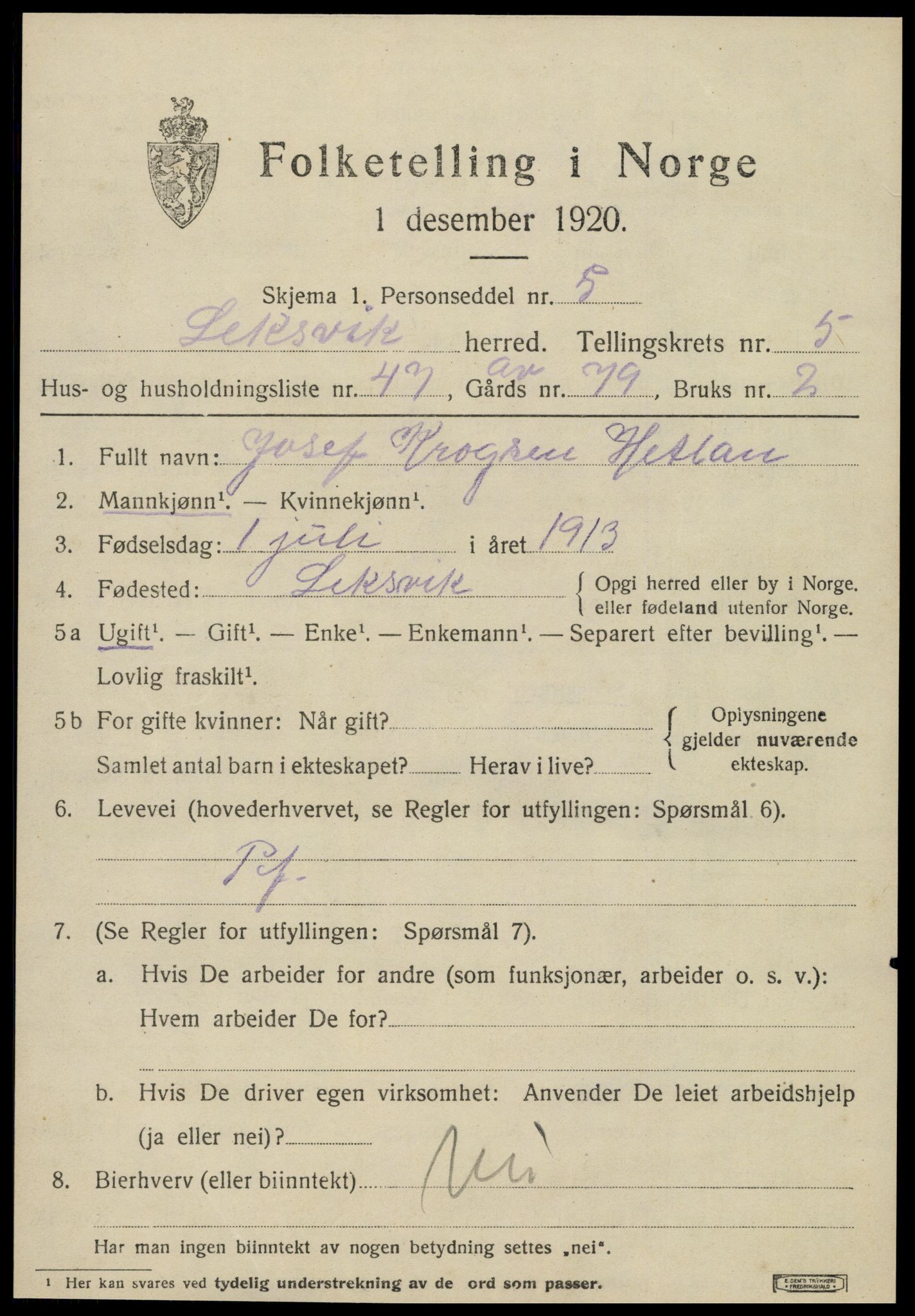 SAT, 1920 census for Leksvik, 1920, p. 5414