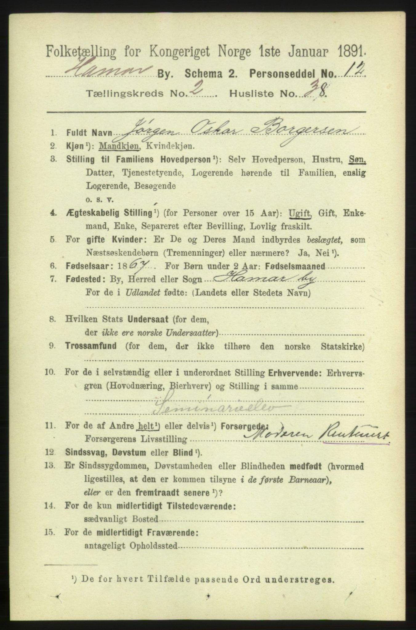 RA, 1891 census for 0401 Hamar, 1891, p. 1650
