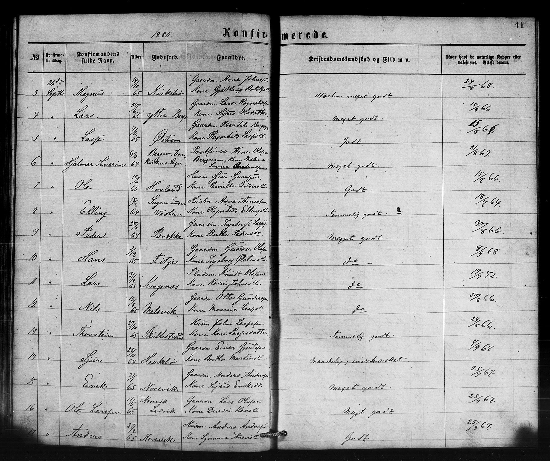 Lavik sokneprestembete, AV/SAB-A-80901: Parish register (copy) no. B 2, 1870-1881, p. 41
