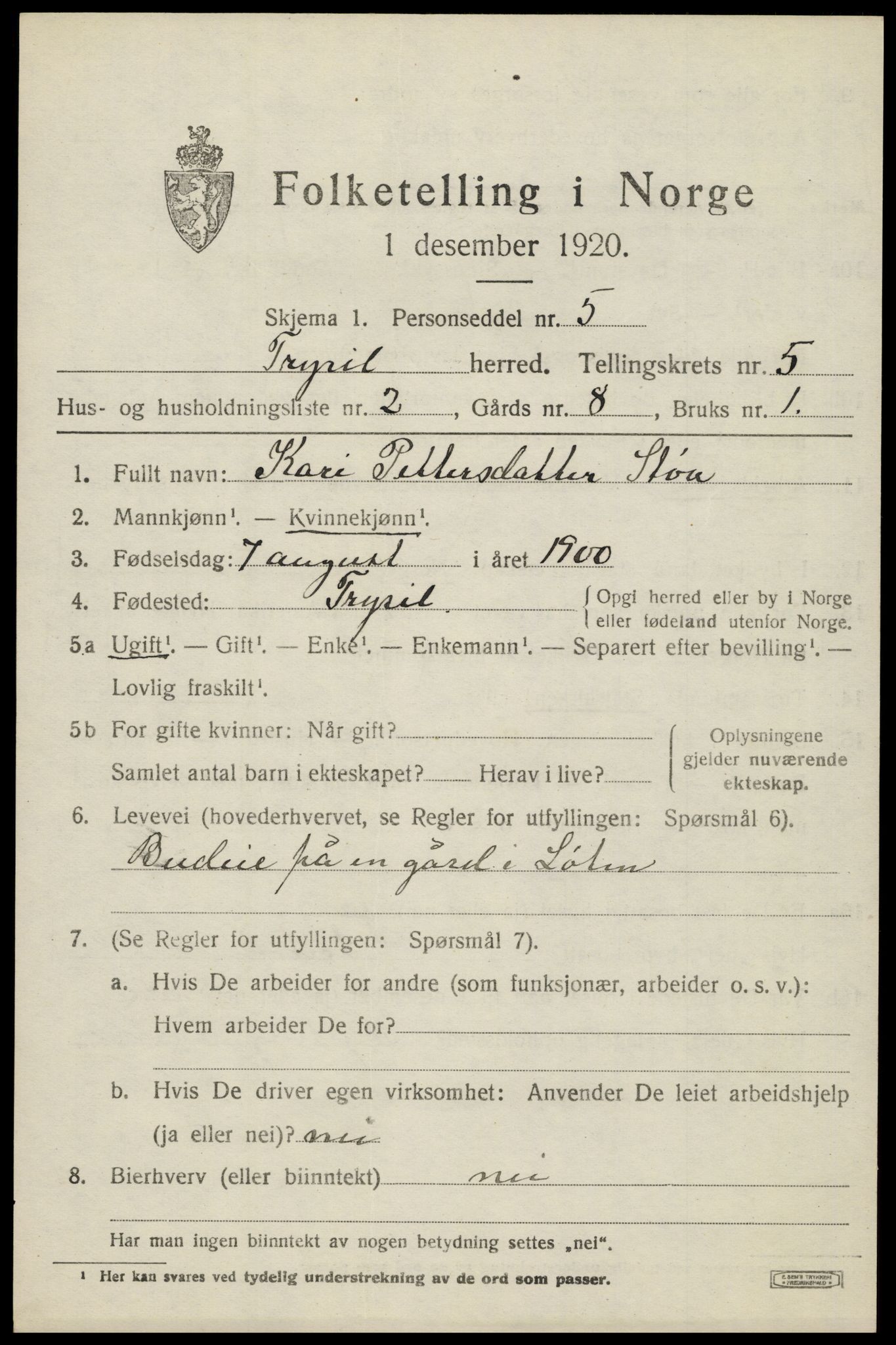 SAH, 1920 census for Trysil, 1920, p. 4331
