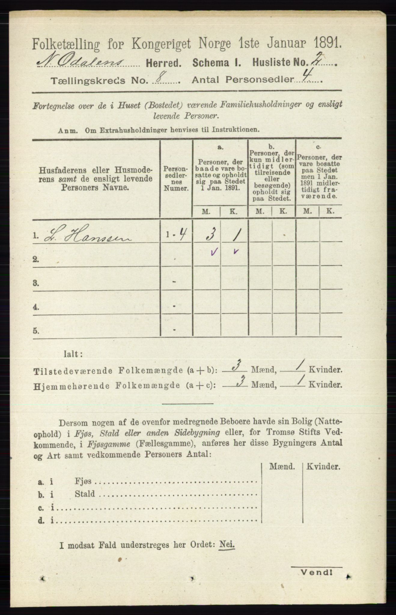 RA, 1891 census for 0418 Nord-Odal, 1891, p. 3187