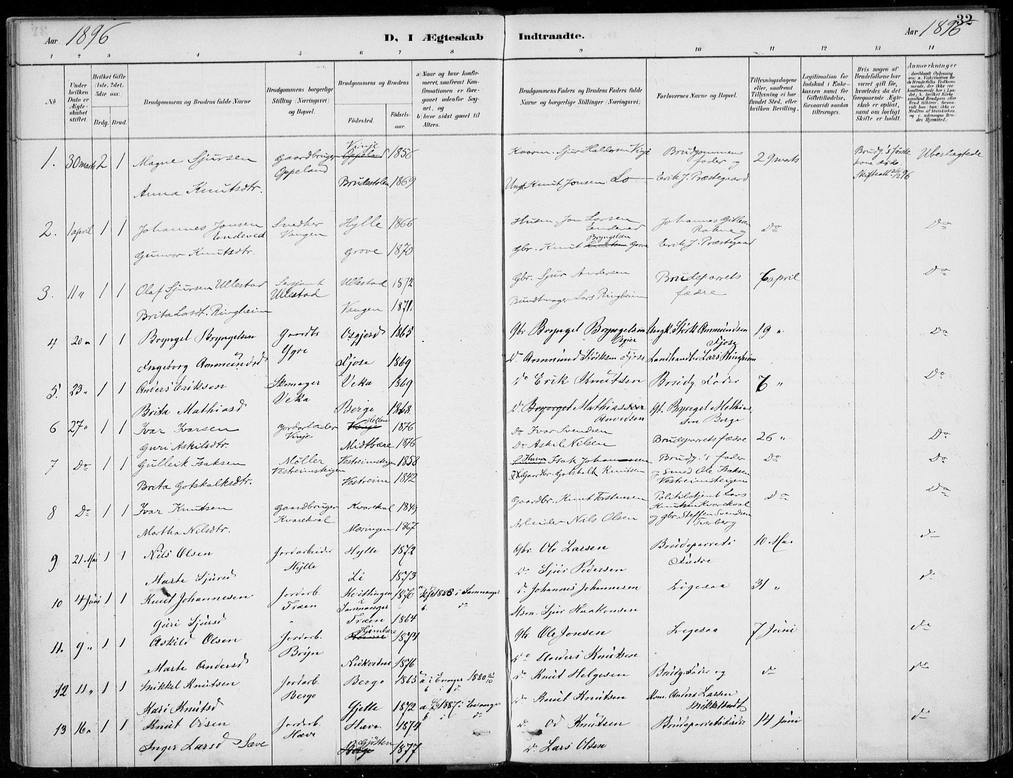 Voss sokneprestembete, SAB/A-79001/H/Haa: Parish register (official) no. C  1, 1887-1915, p. 32