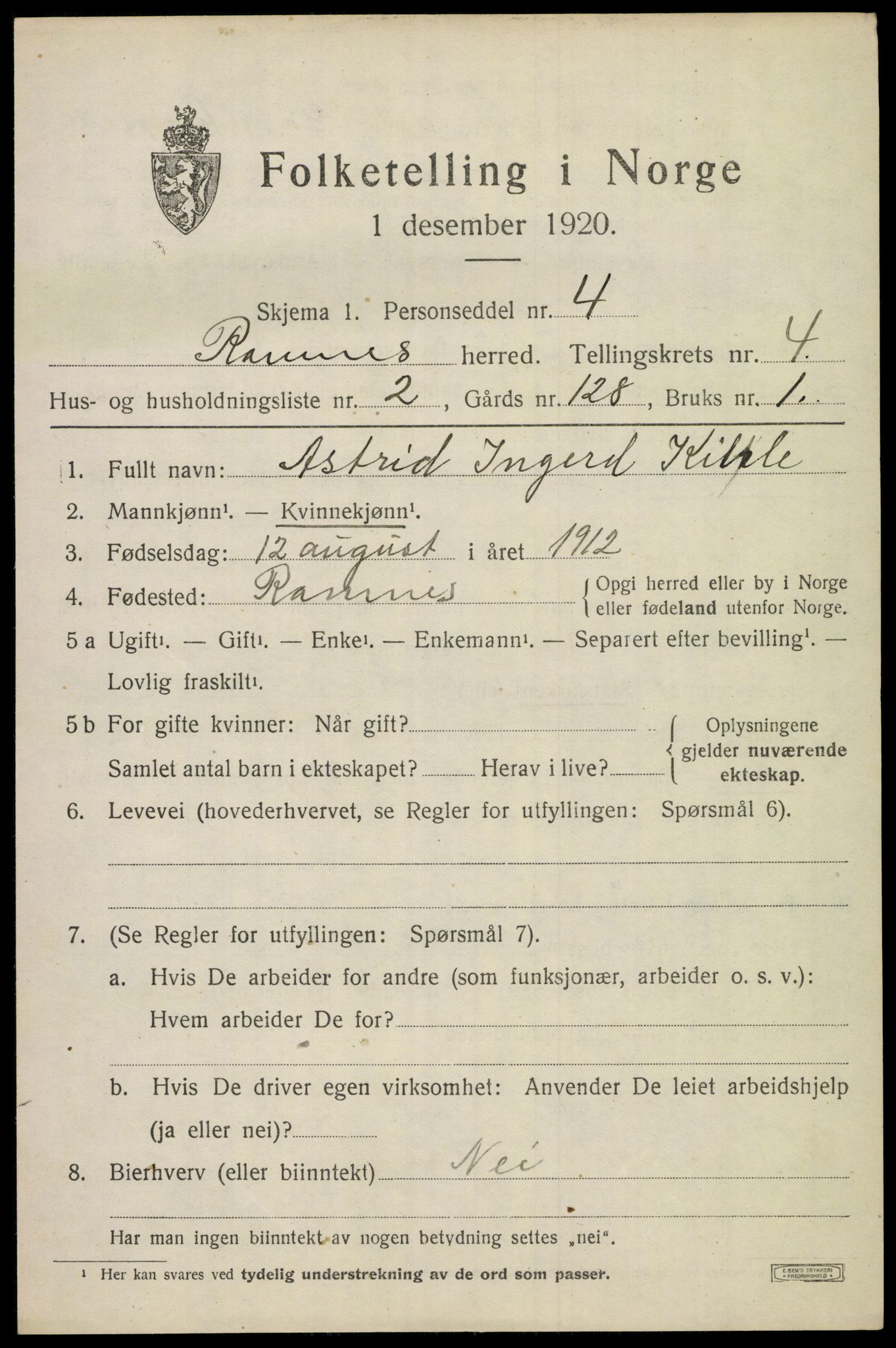 SAKO, 1920 census for Ramnes, 1920, p. 4338