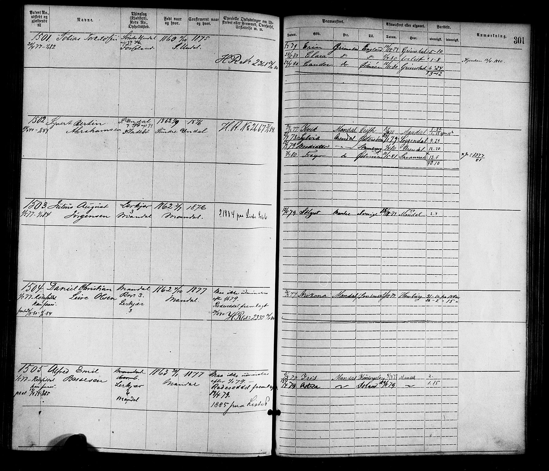 Mandal mønstringskrets, SAK/2031-0016/F/Fa/L0001: Annotasjonsrulle nr 1-1920 med register, L-3, 1869-1881, p. 338