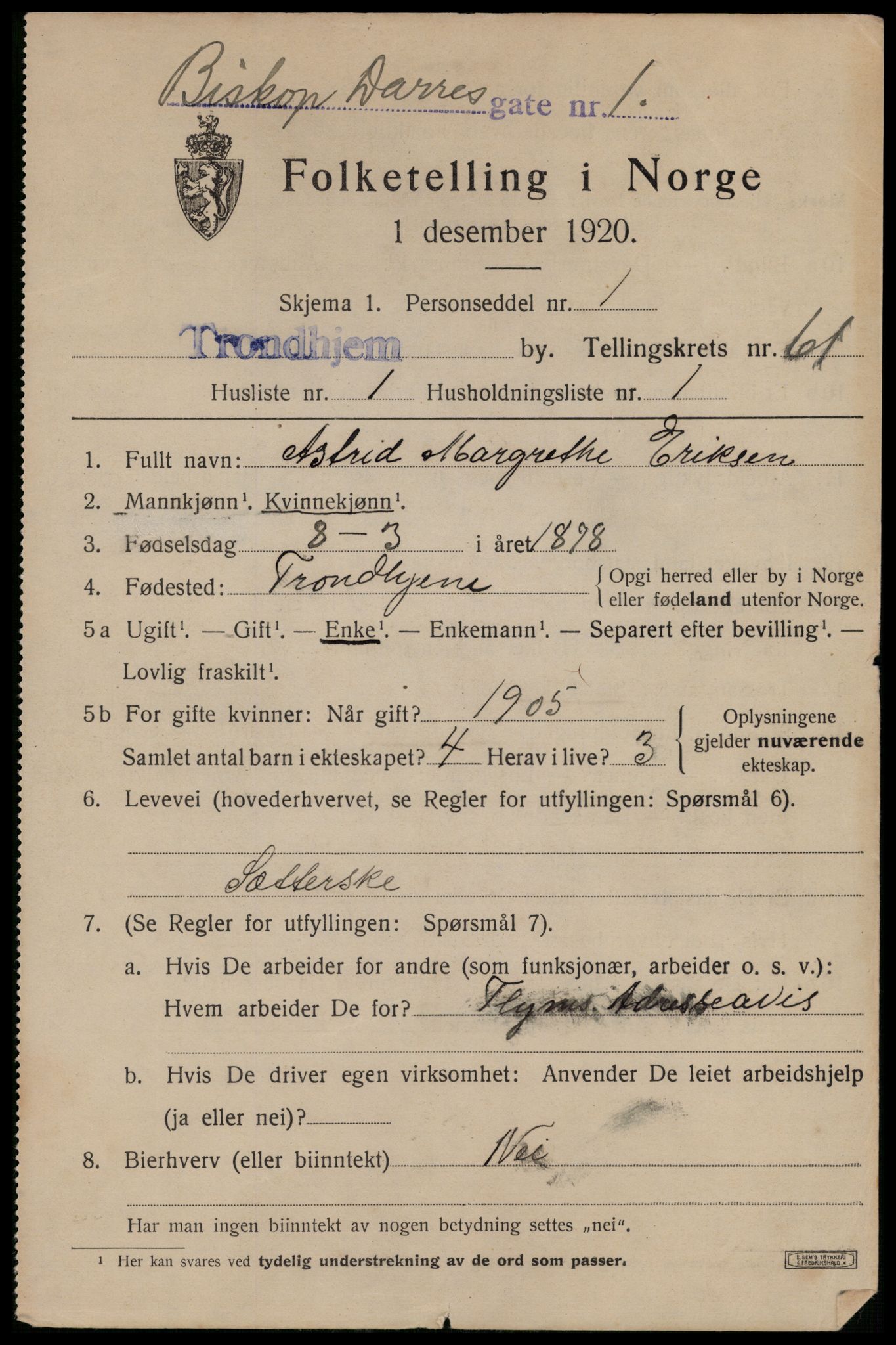 SAT, 1920 census for Trondheim, 1920, p. 122246